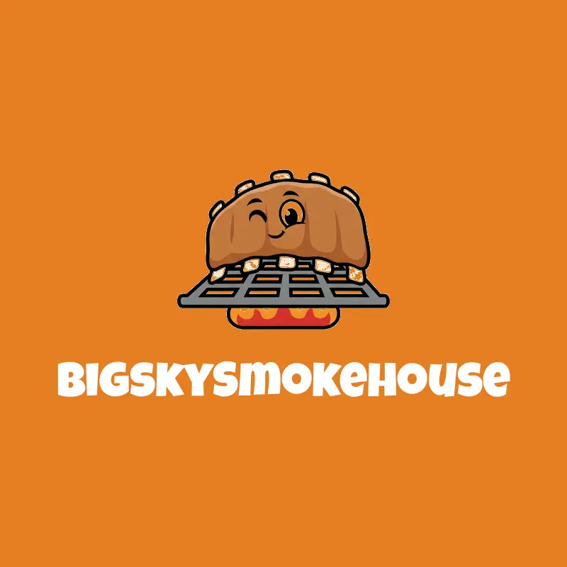 A cartoon rack of ribs on a grill logo on an orange background.