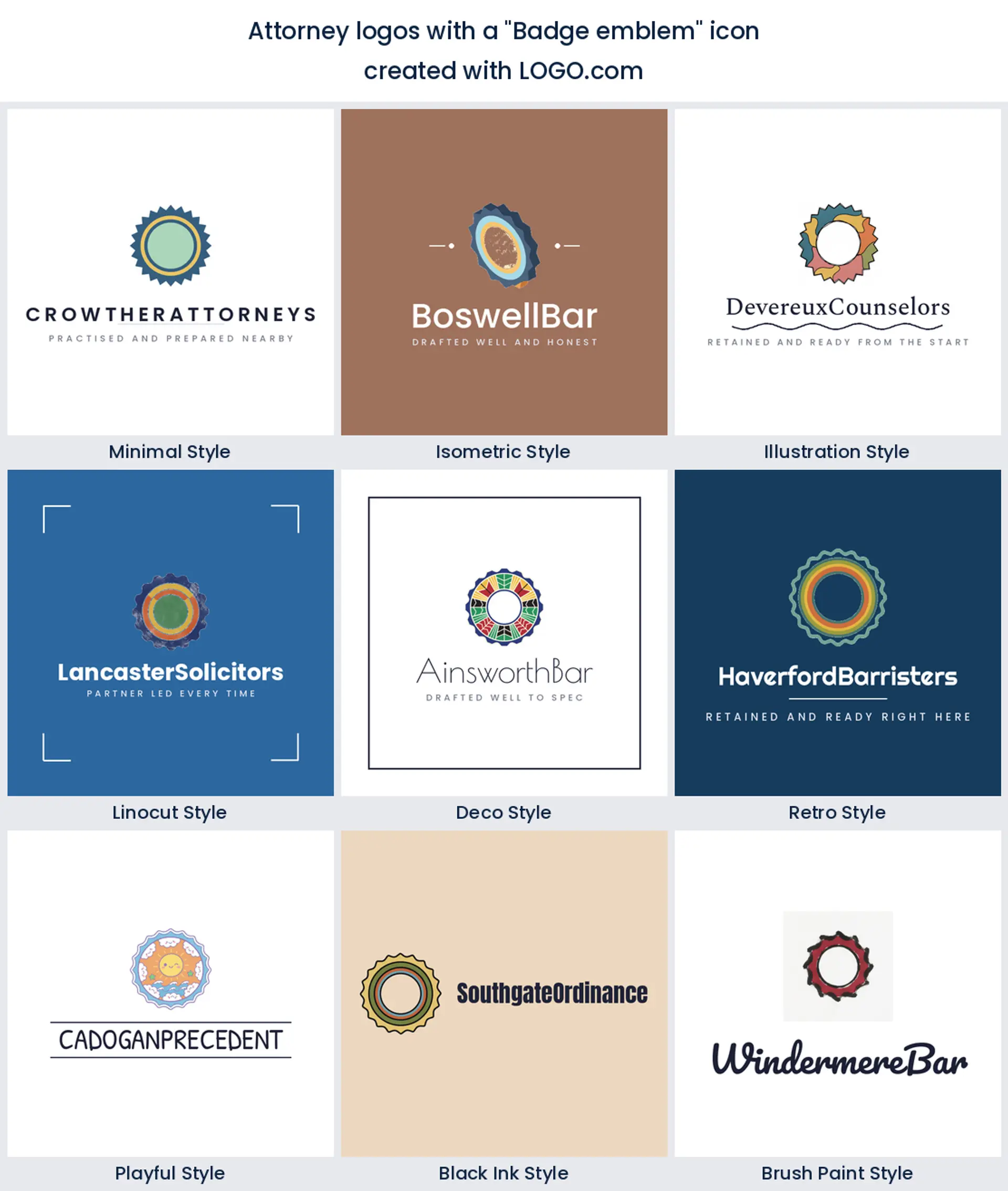 Nine styles of law office logo built on a round badge emblem with a notched edge