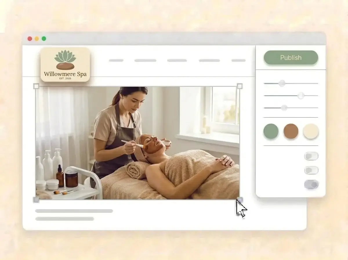 Editing the Willowmere Spa website with a facial treatment photo selected, the style panel open and the sage green Publish button ready