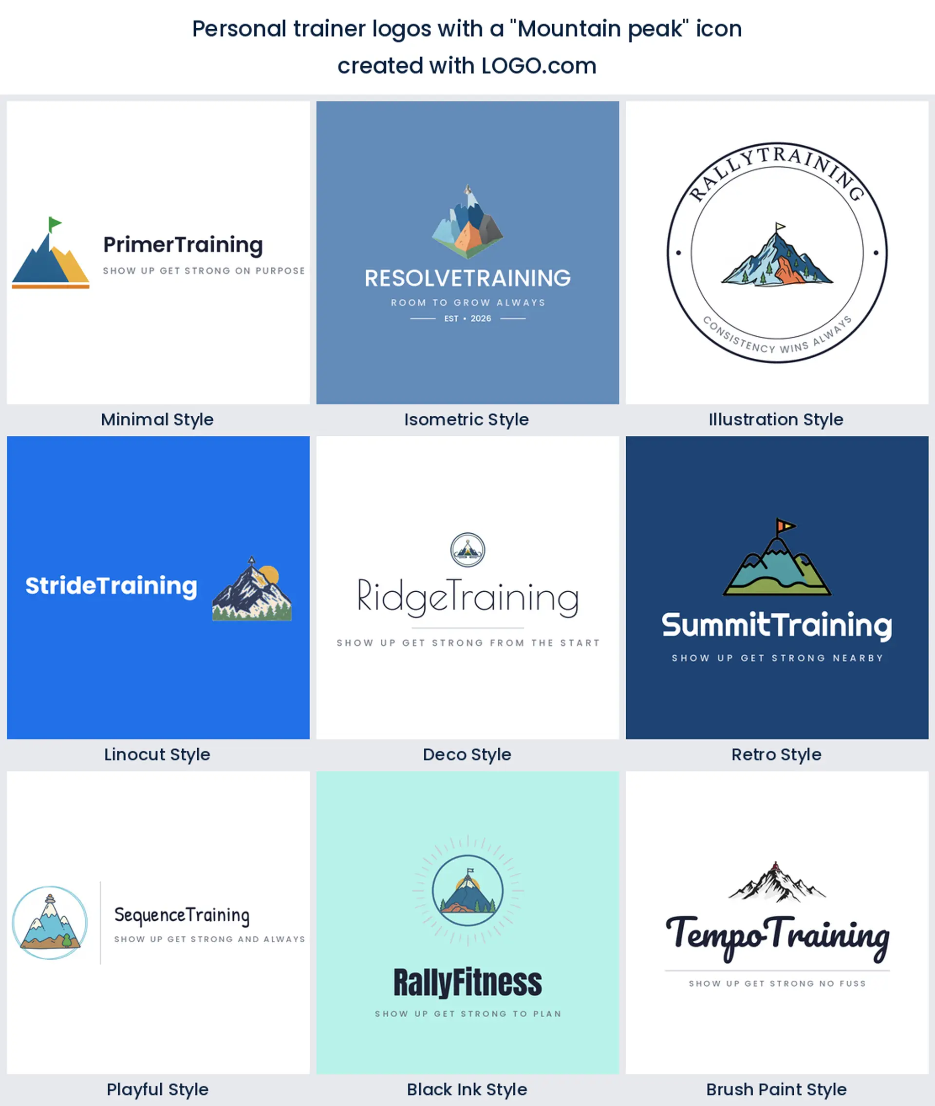 Mountain peak and barbell personal training logo shown across nine LOGO.com styles