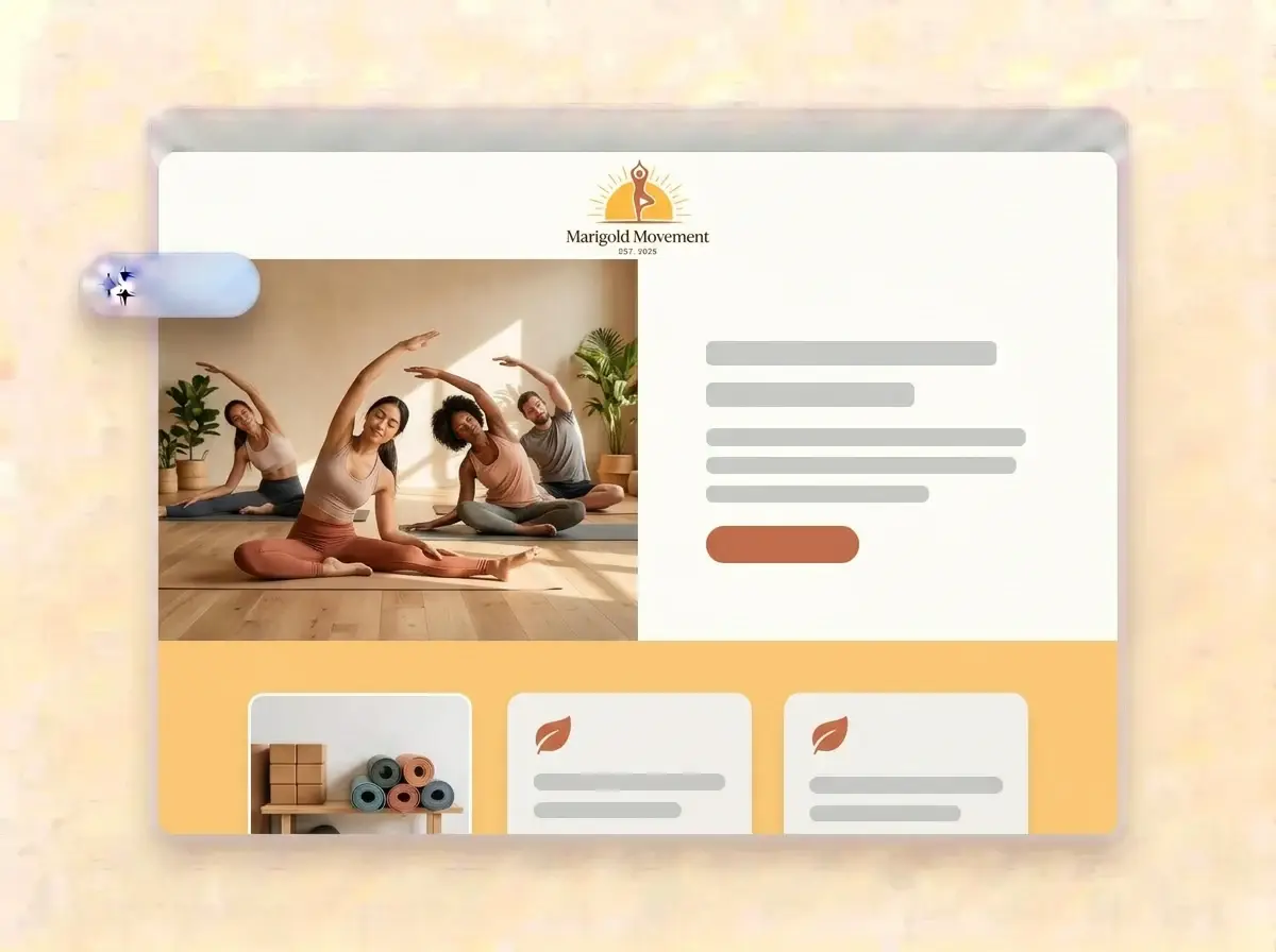 Finished Marigold Movement website built by LOGO.com from the uploaded logo, with a small yoga class stretching in a sunlit studio in the hero photo