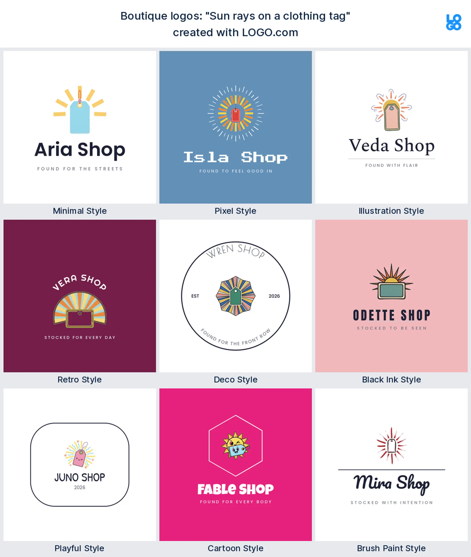 The Sun rays on a clothing tag boutique logo idea shown across nine LOGO.com styles