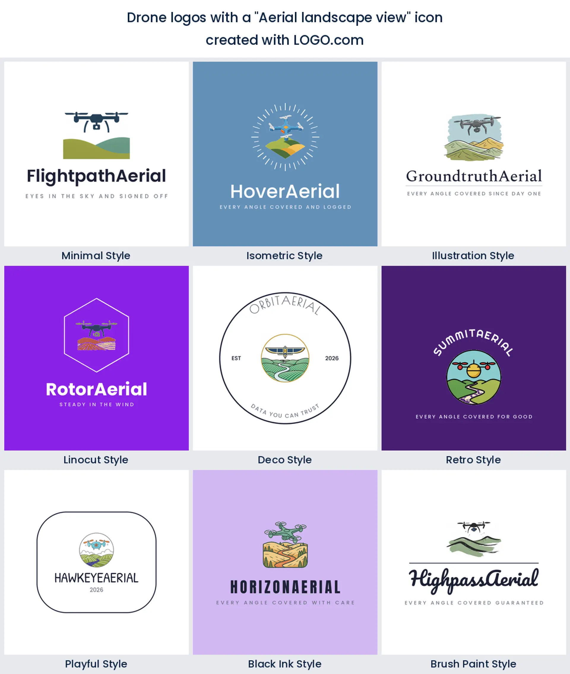 Aerial landscape view drone logo shown across nine LOGO.com styles