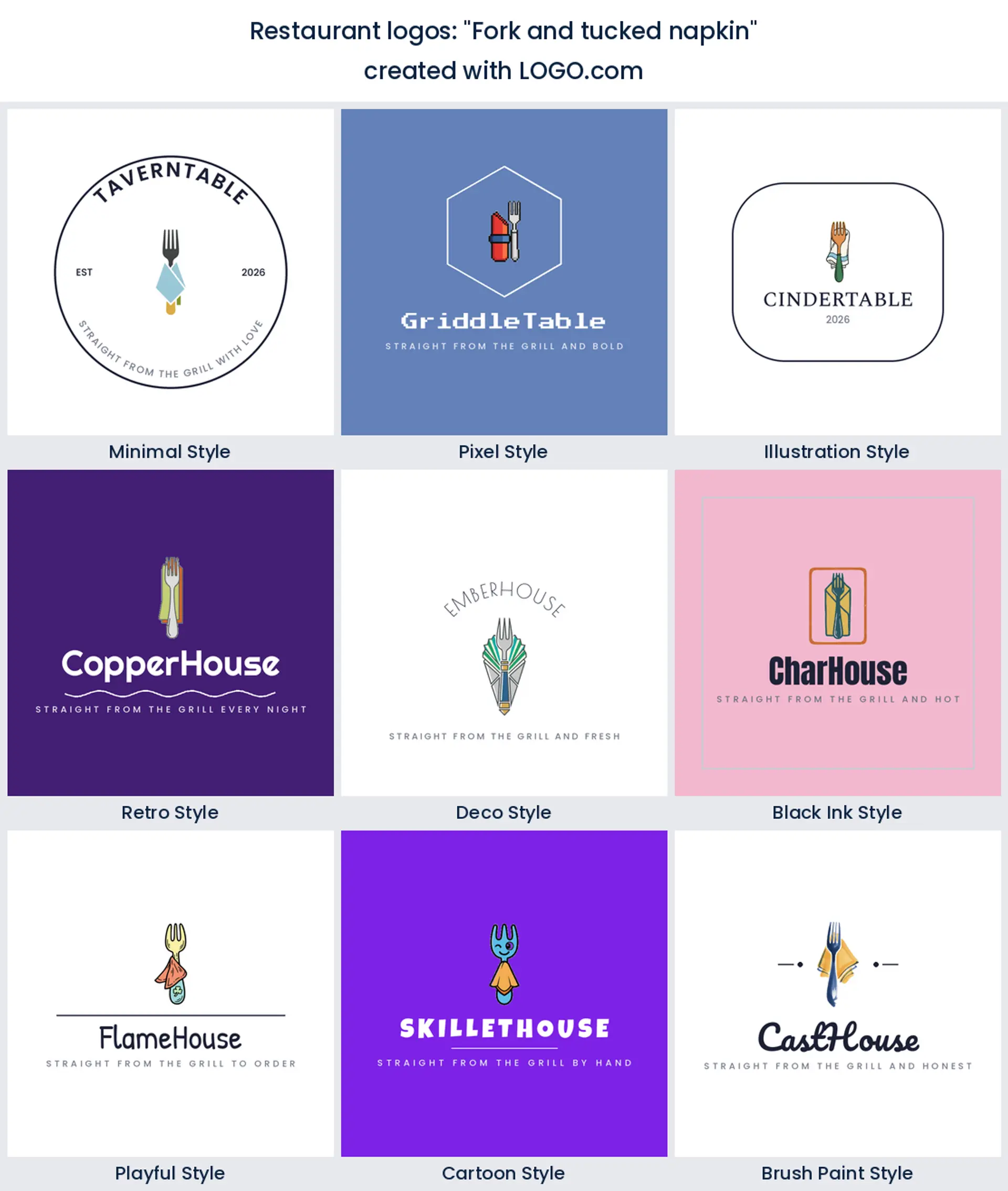 Fork and tucked napkin restaurant logo in nine styles.