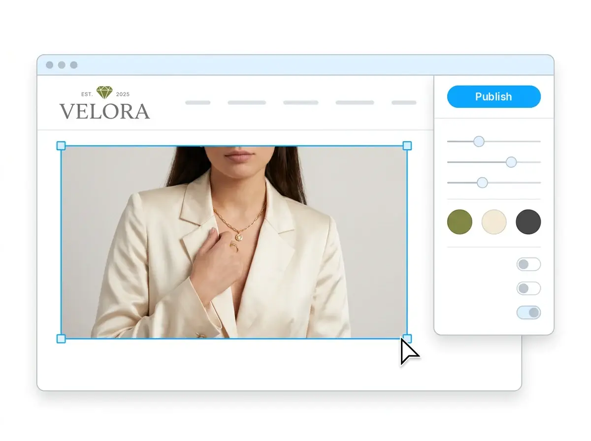 Editing the Velora website with the style panel open and the Publish button ready