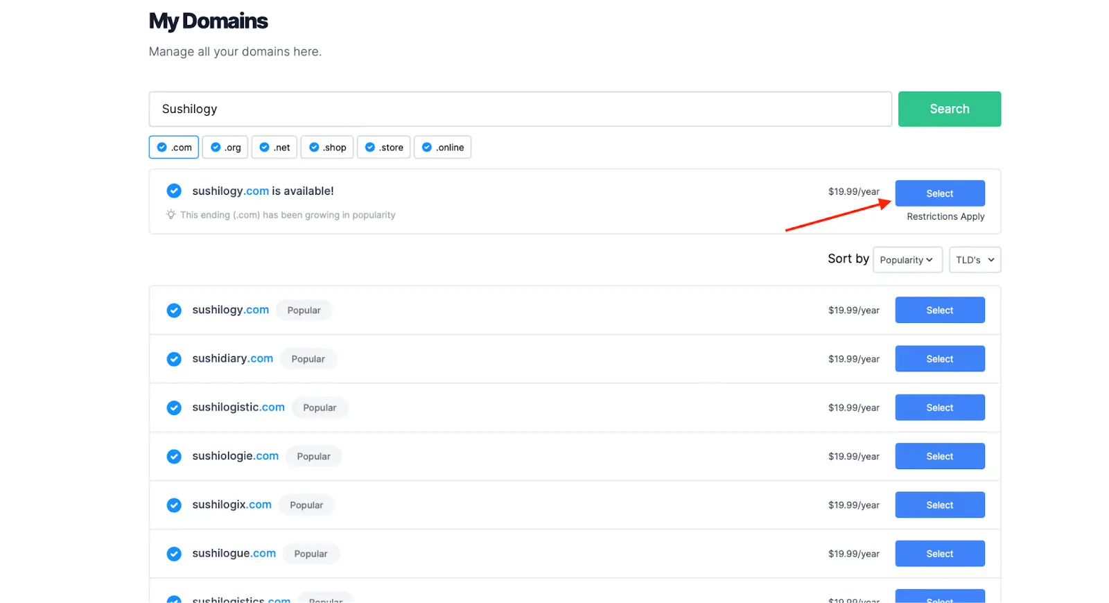 Choose your domain name and click "Select"