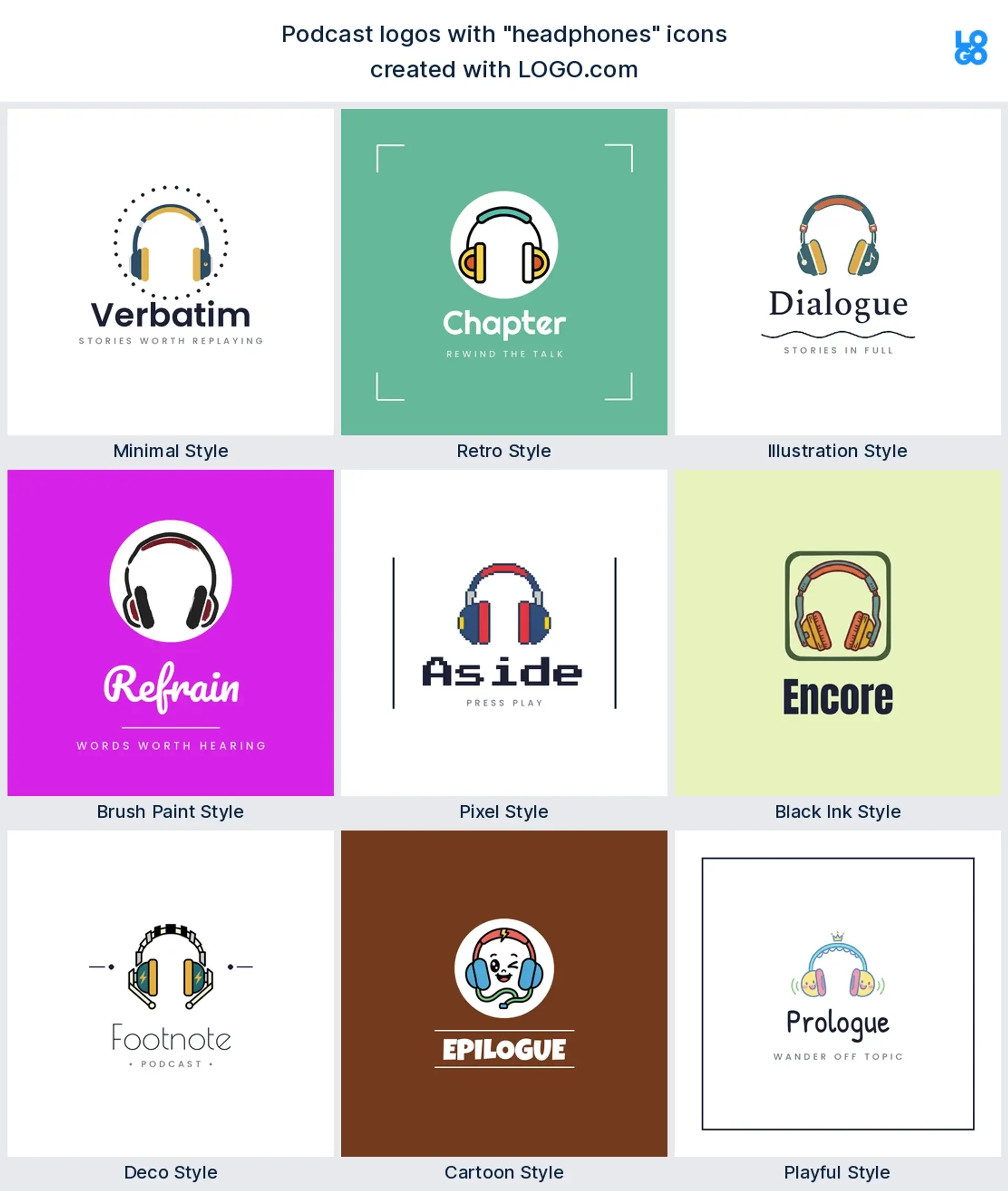 Headphones podcast logo shown in nine LOGO.com styles