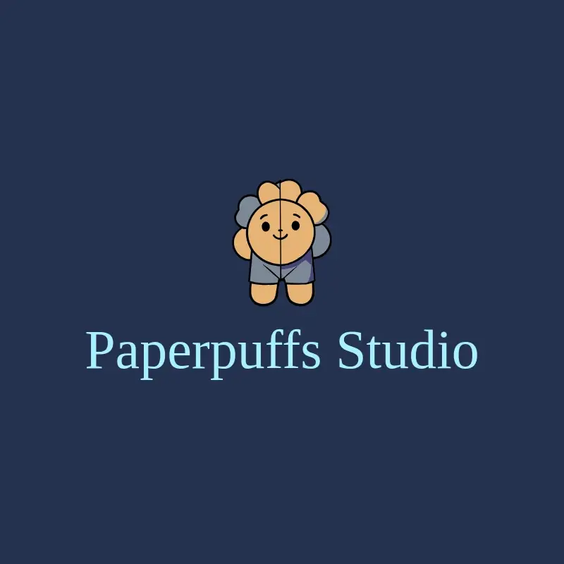 The toy company name PaperPuffs Studio as a branded logo with a color icon