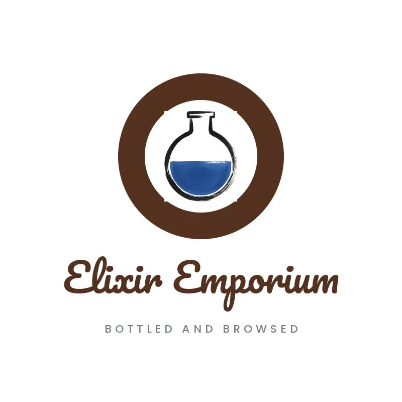 The perfume name Elixir Emporium as a branded logo in a brush paint style