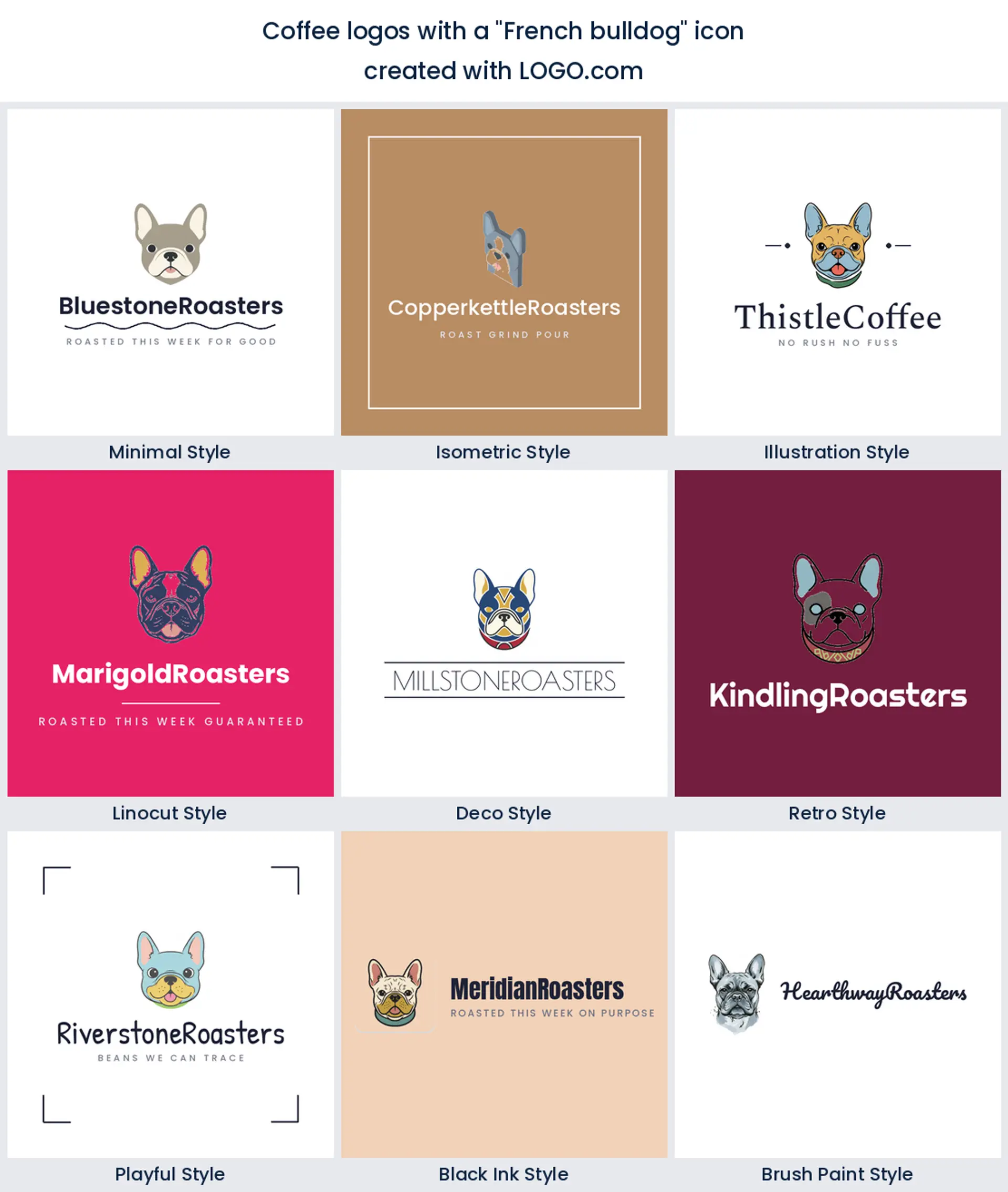 French bulldog coffee logo shown in nine LOGO.com styles