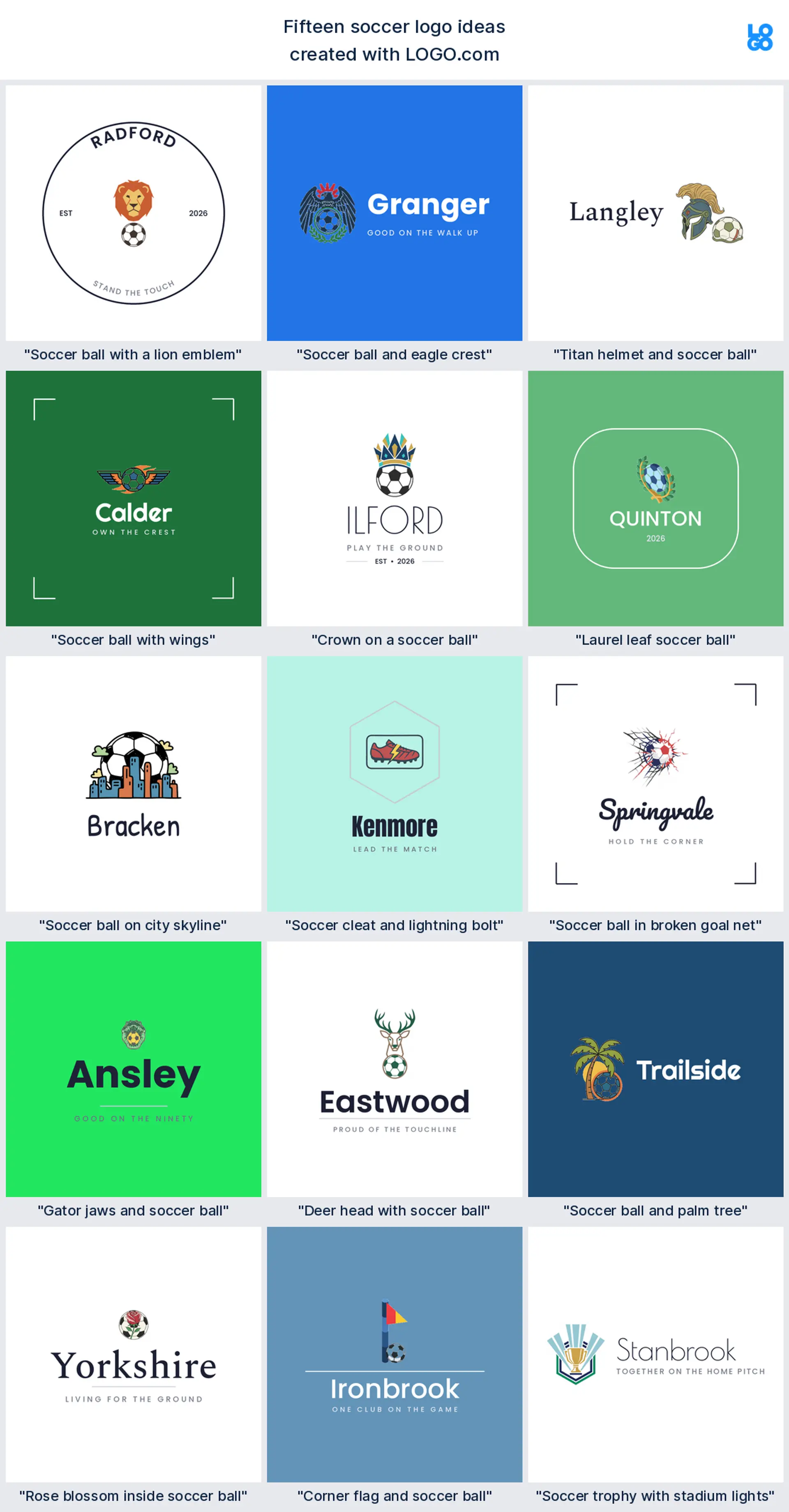 Fifteen soccer logo ideas shown across nine LOGO.com styles