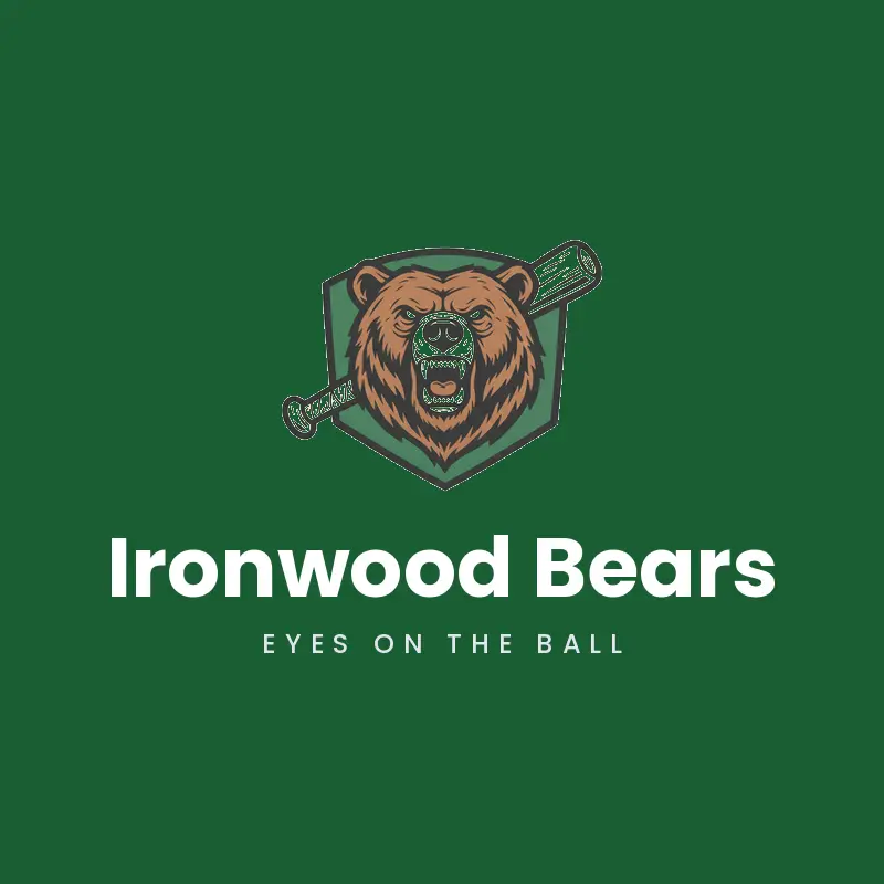 Bear mascot and bat baseball team logo for Ironwood Bears