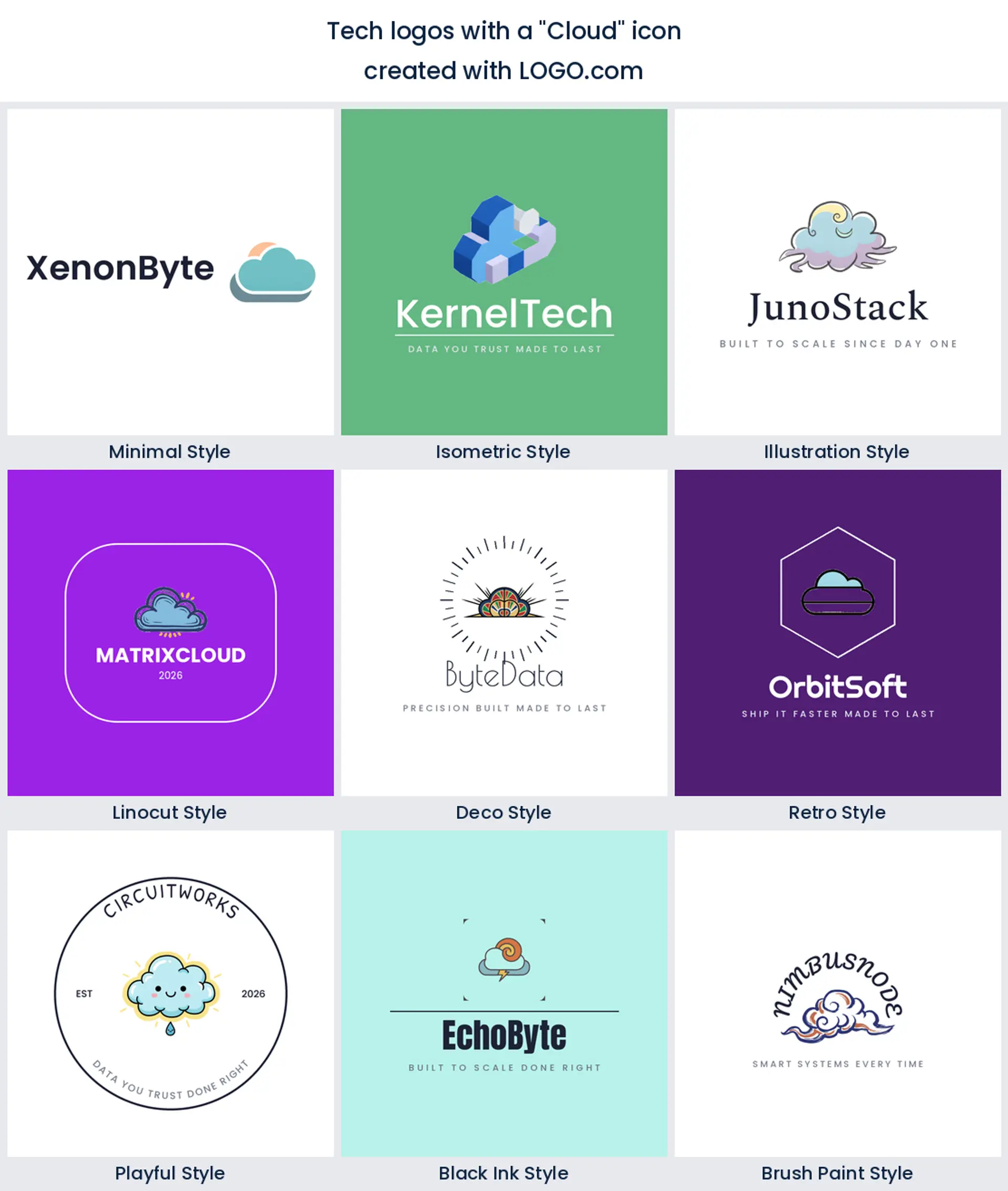 Cloud tech logo shown in nine LOGO.com styles.