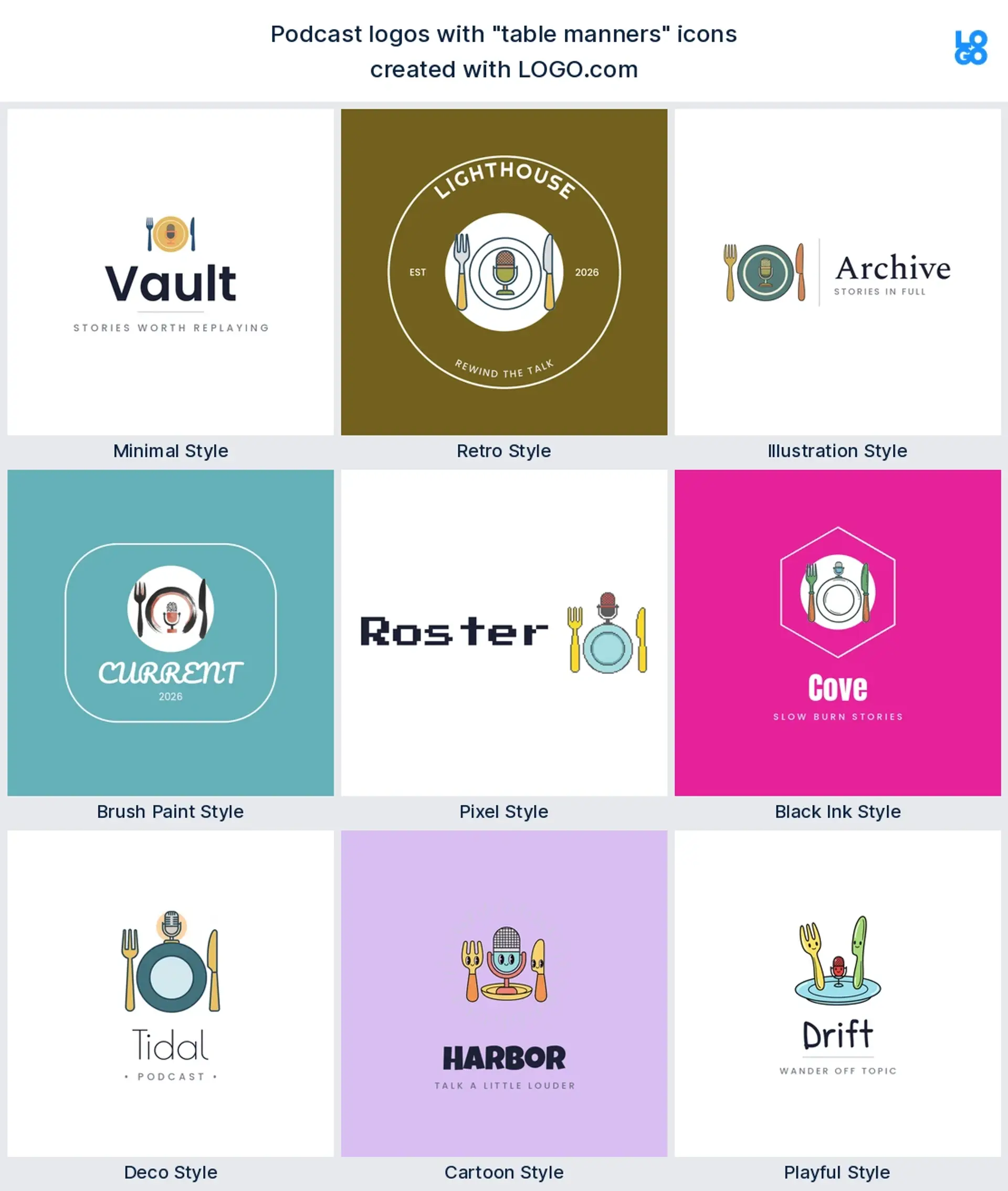 Table manners podcast logo shown in nine LOGO.com styles