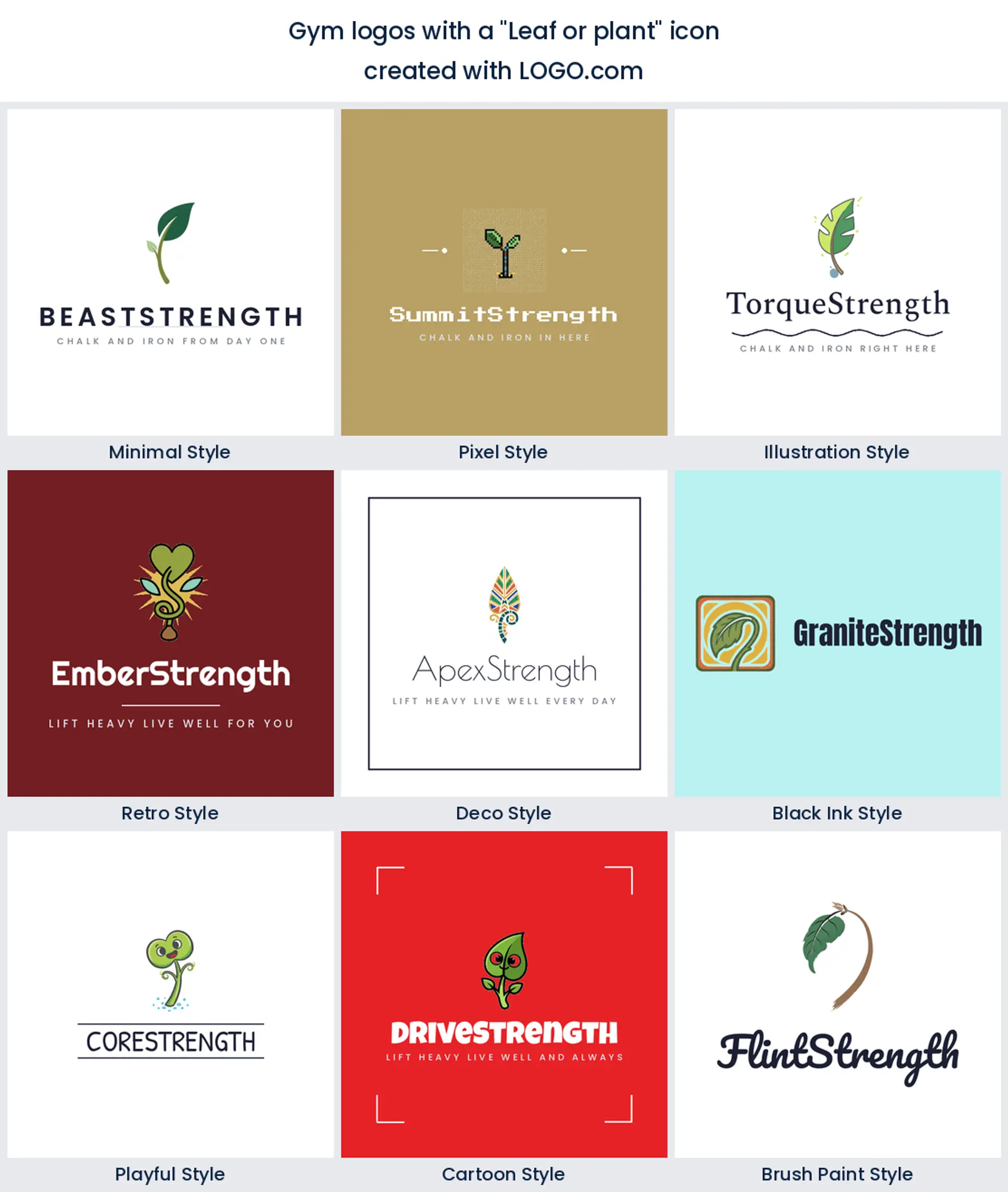 Leaf and plant gym logo shown across nine LOGO.com styles