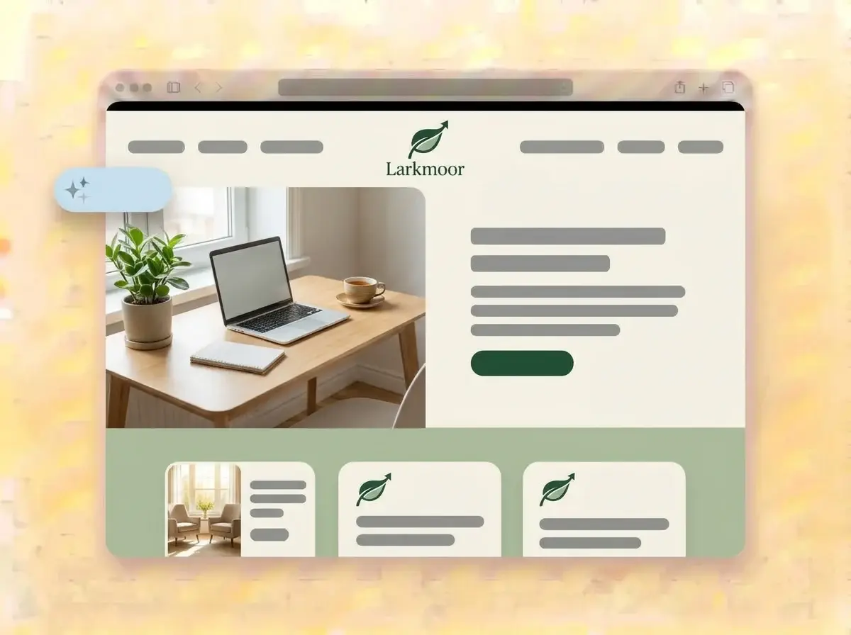 Finished Larkmoor Coaching website built by LOGO.com from the uploaded logo, with a calm home office desk in the hero photo