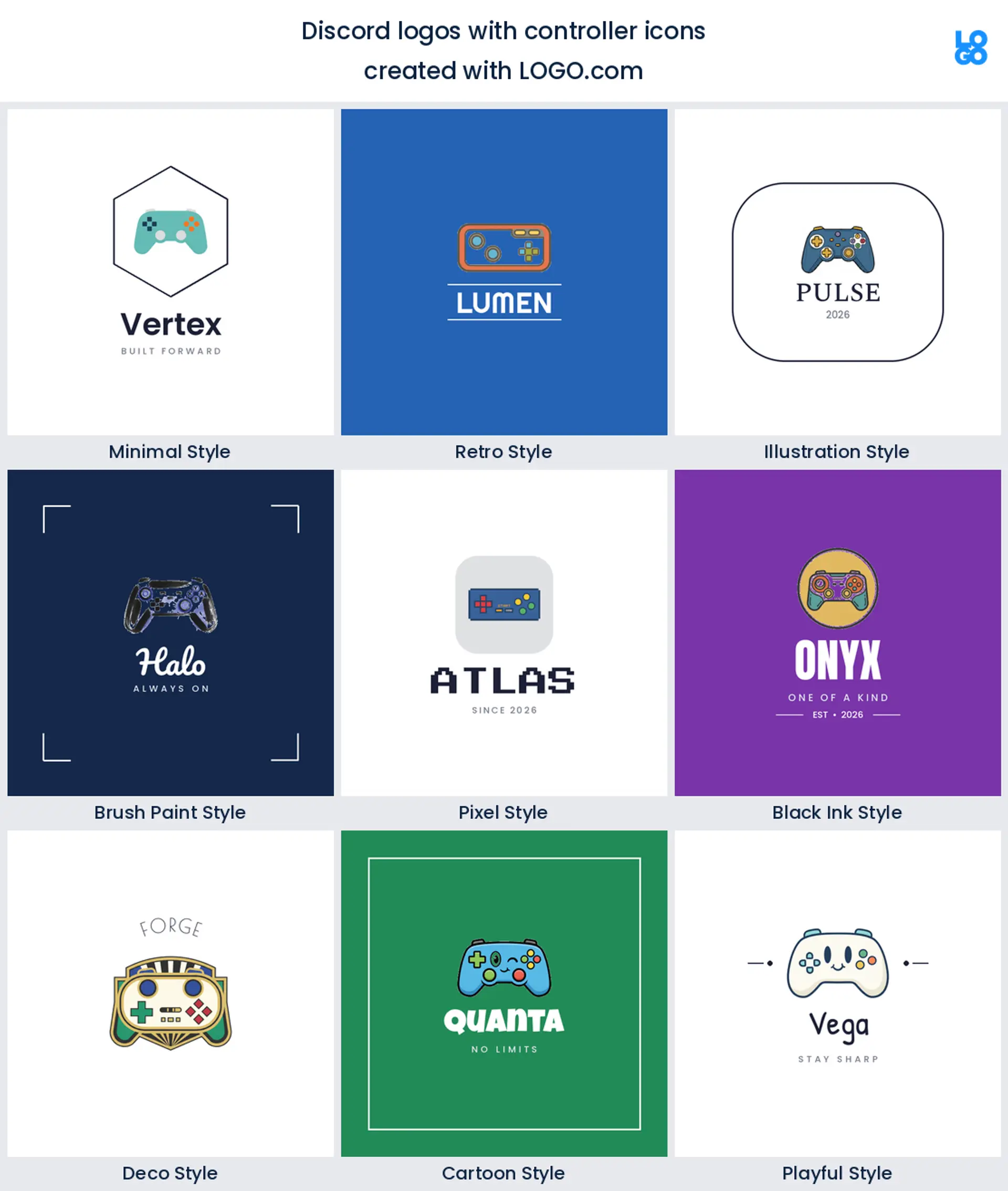 Game controller discord server logo shown in nine LOGO.com styles
