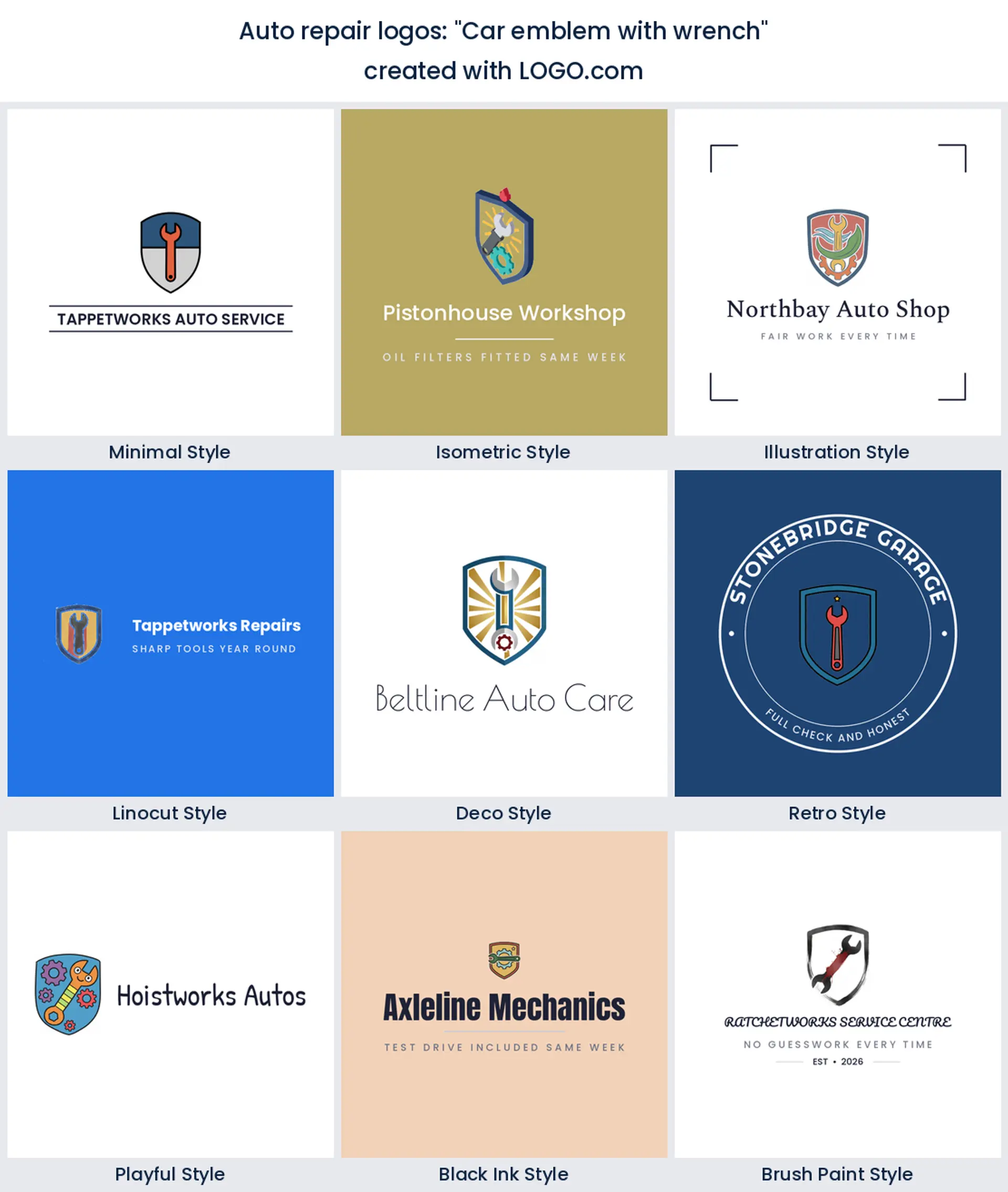 "Car emblem with wrench" auto shop logo shown in nine LOGO.com styles
