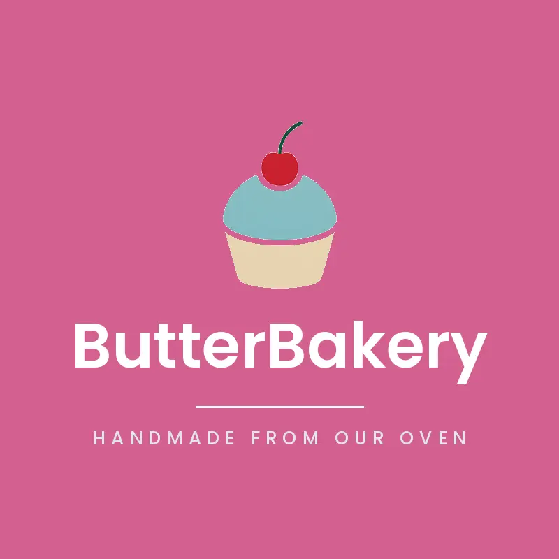 A minimal cupcake with a cherry bakery logo on a pink background.