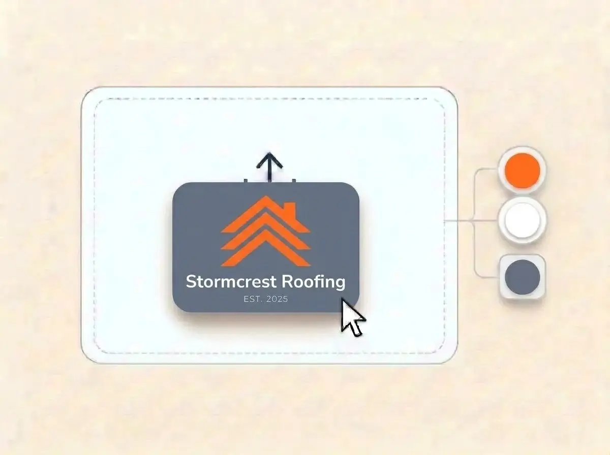 Stormcrest Roofing logo, an orange roof gable made of stacked chevrons on a slate gray card, dropped into the LOGO.com upload box with its colors picked out