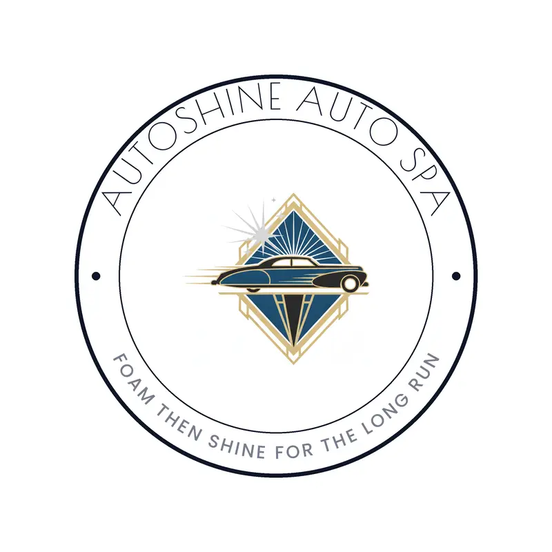 A deco diamond emblem holding a classic car inside a thin ring badge for a detailing studio.