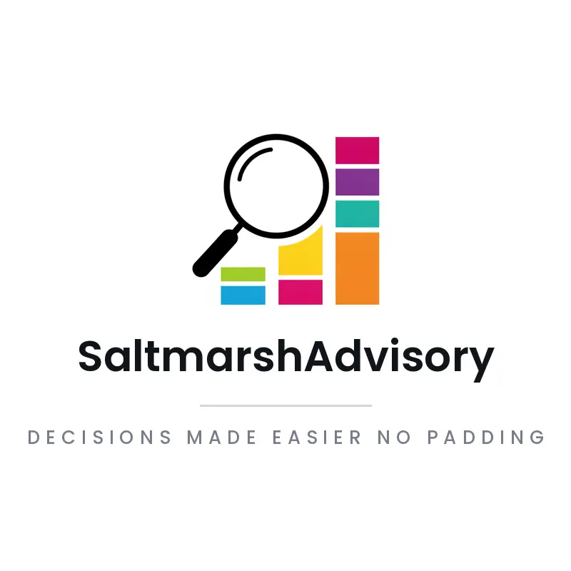 Minimal financial consultant logo for SaltmarshAdvisory with a magnifying glass over three chart columns