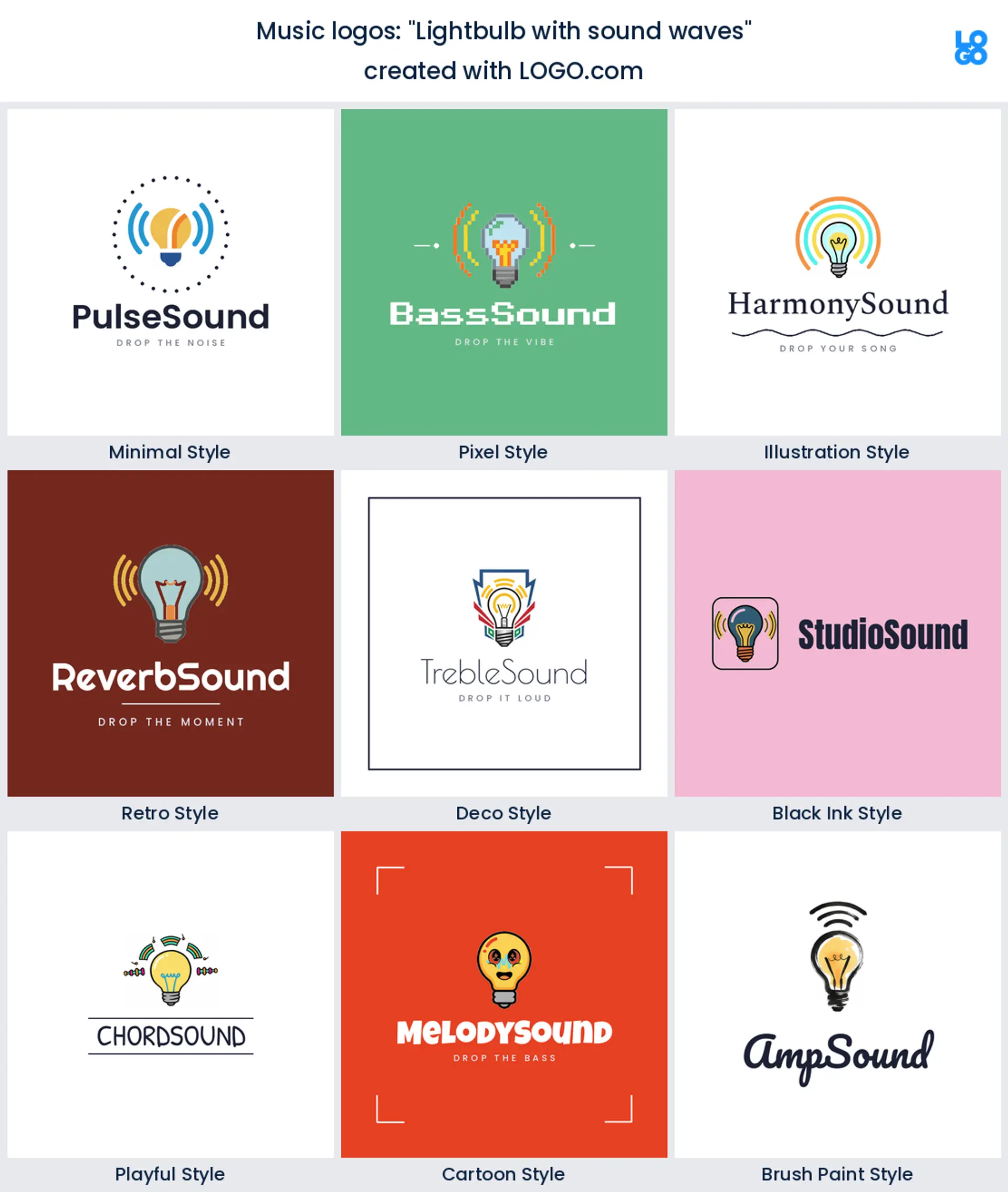 Lightbulb with sound waves, a music logo idea shown in nine LOGO.com styles