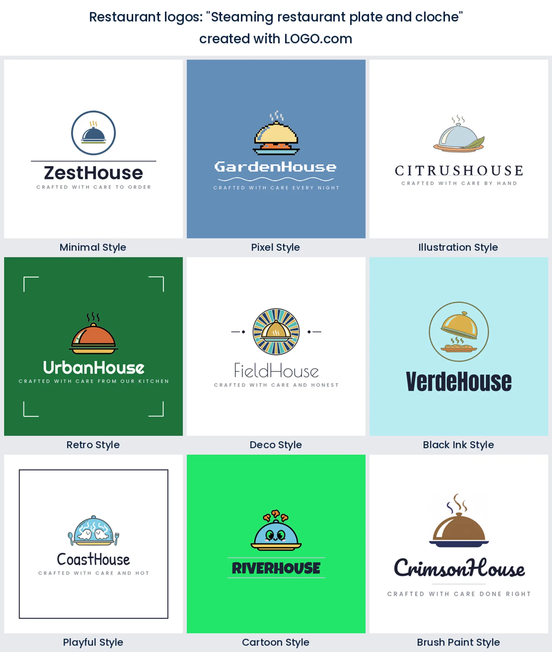 Steaming plate and cloche restaurant logo in nine styles.