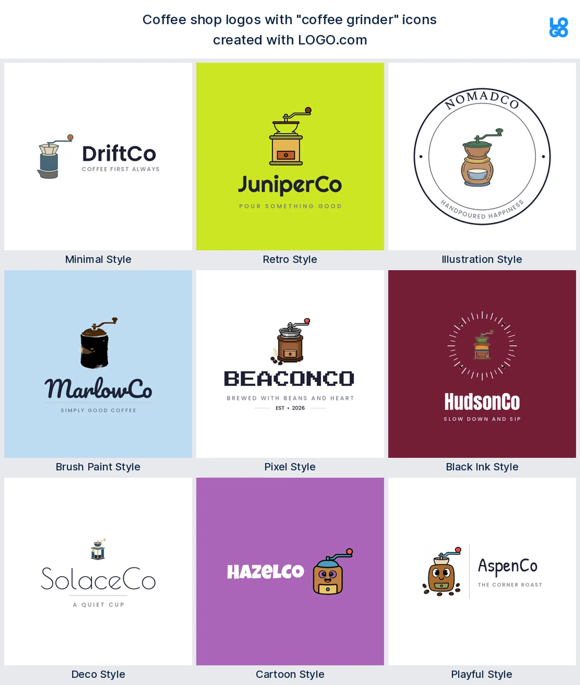 Coffee grinder logo shown in nine LOGO.com styles