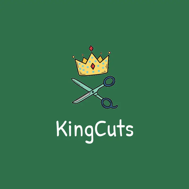 A playful crown and scissors barber logo on a green background.