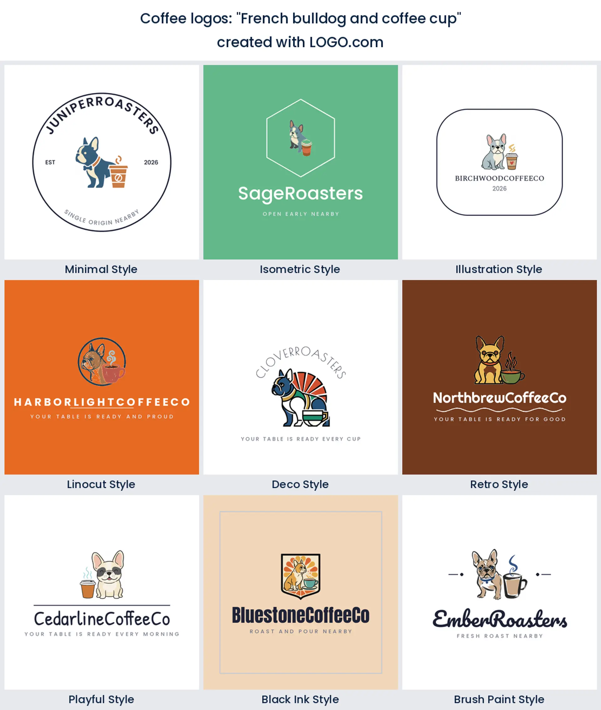 French bulldog and coffee cup coffee logo idea shown in nine LOGO.com styles