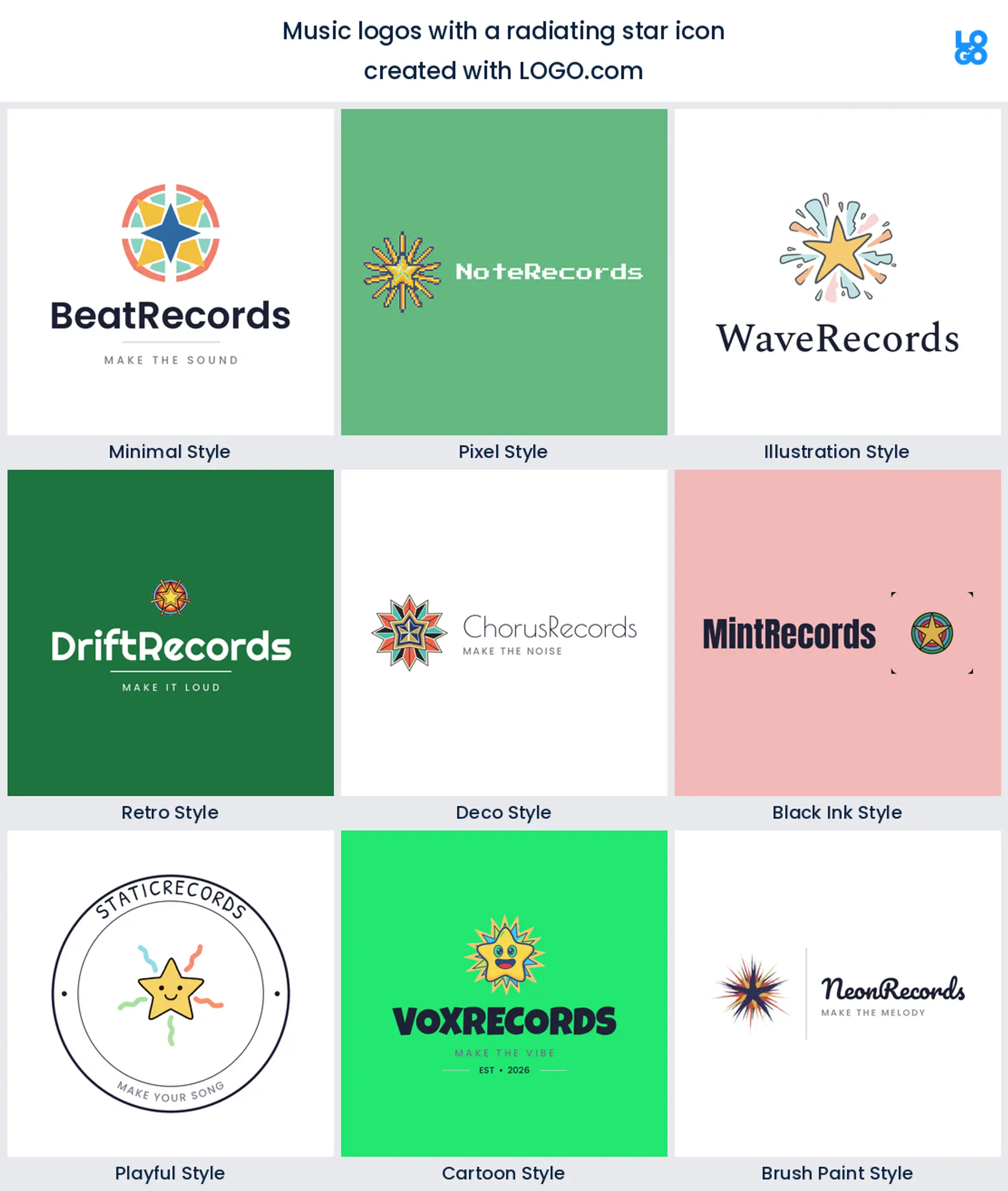 Radiating star logo shown in nine LOGO.com styles