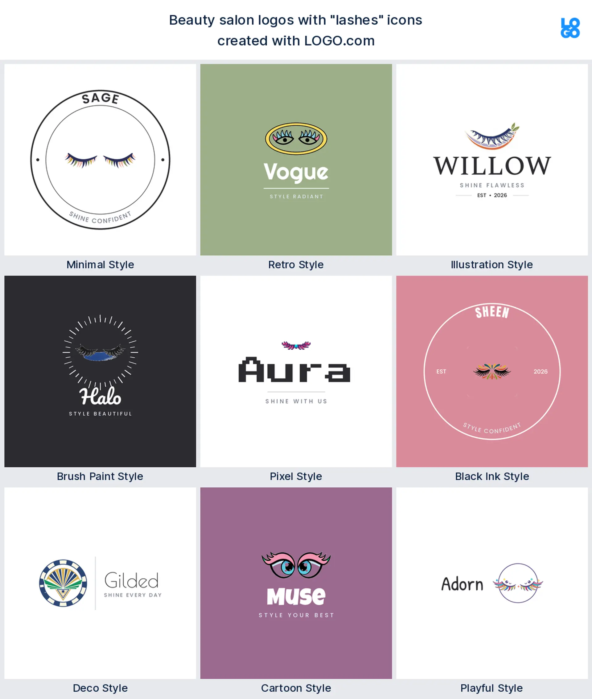 Lashes beauty salon logo shown in nine LOGO.com styles