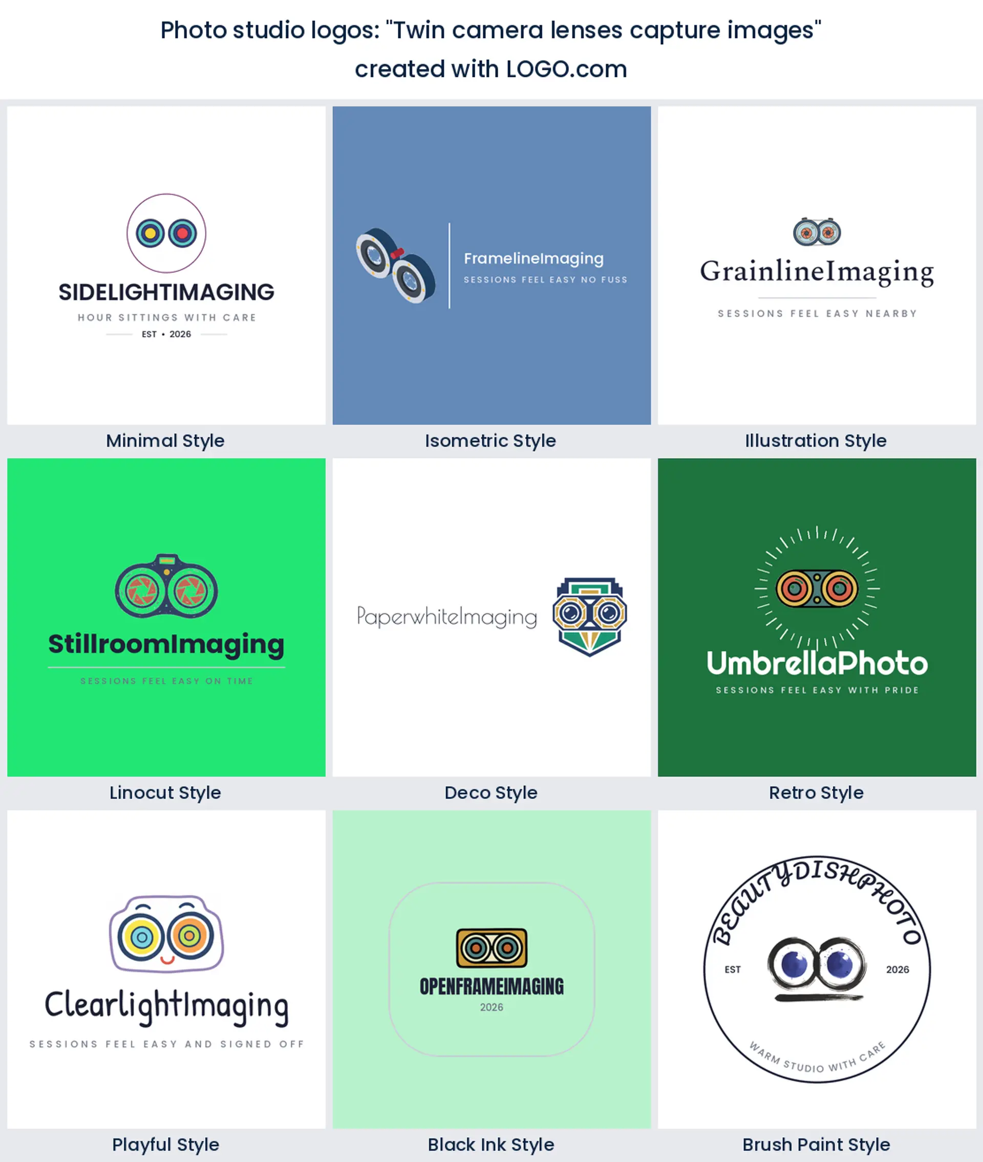 Photo studio logos from the prompt twin camera lenses capture images in nine styles