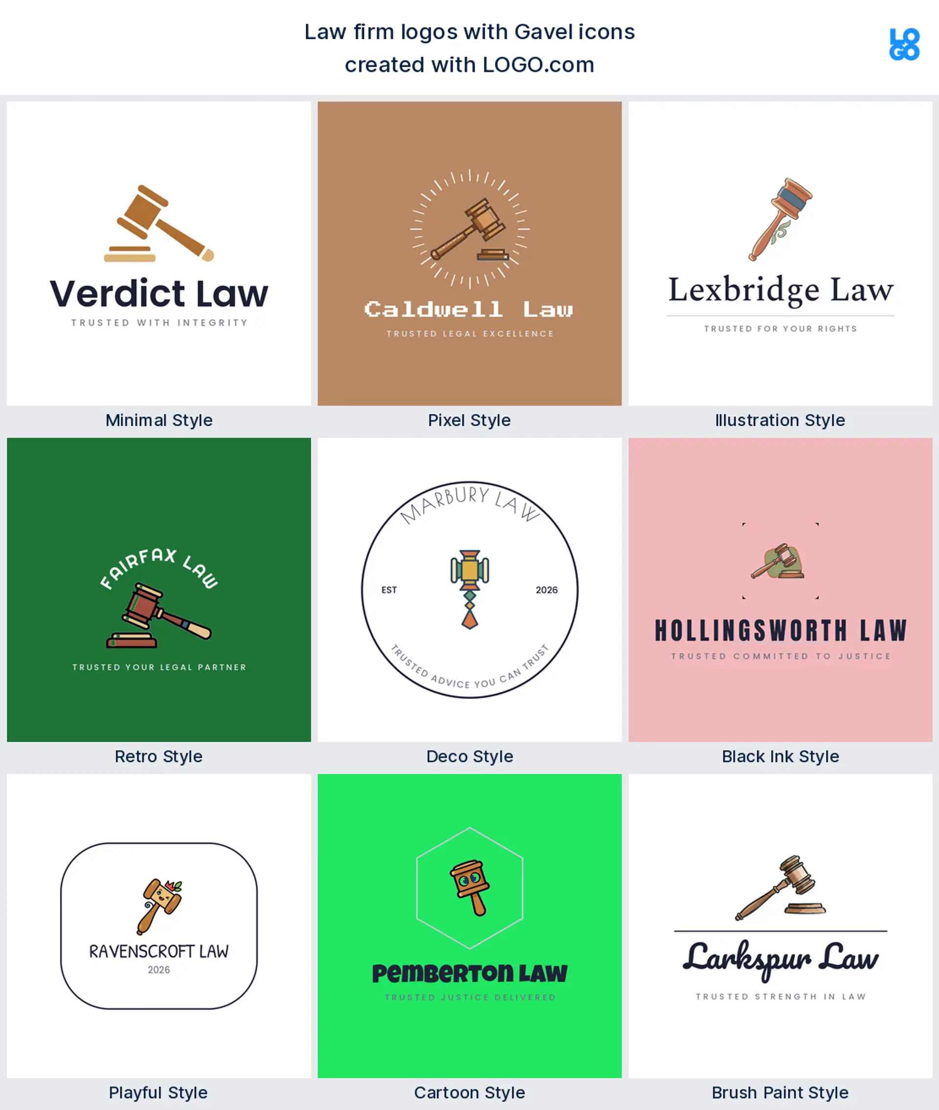 Gavel, a popular legal logo symbol, shown across nine styles on LOGO.com