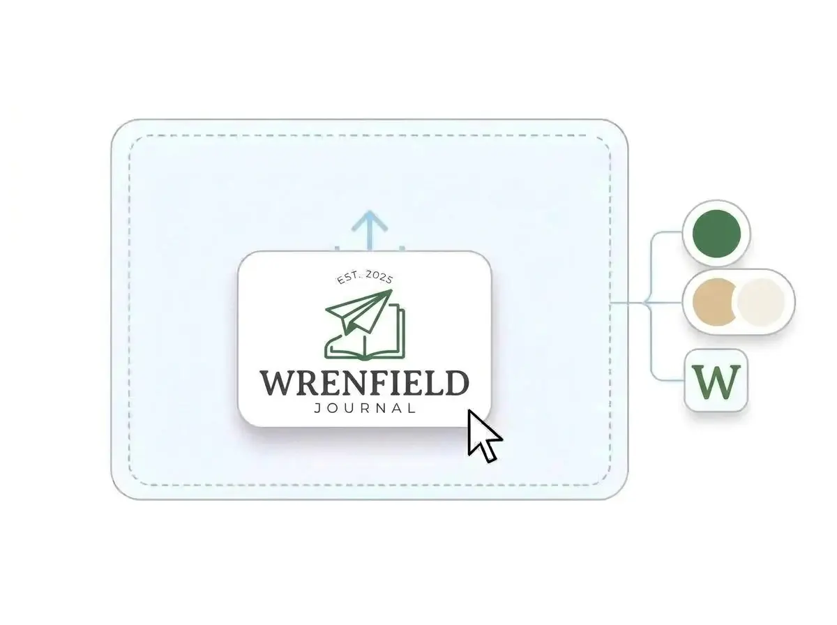 Wrenfield Journal logo dropped into the LOGO.com upload box, with its forest green paper plane and notebook mark and its sand and off white colors picked out