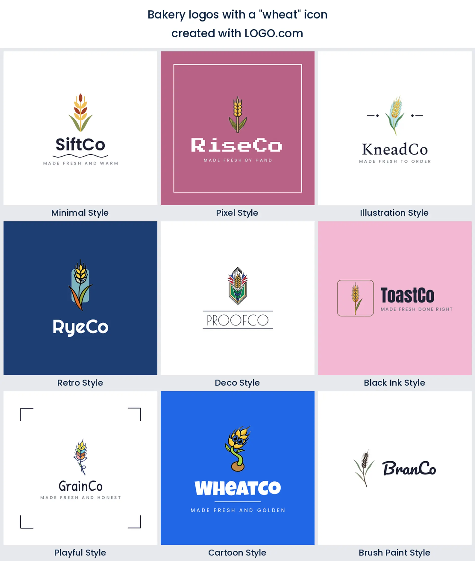 Wheat stalk bakery logo shown in nine LOGO.com styles.