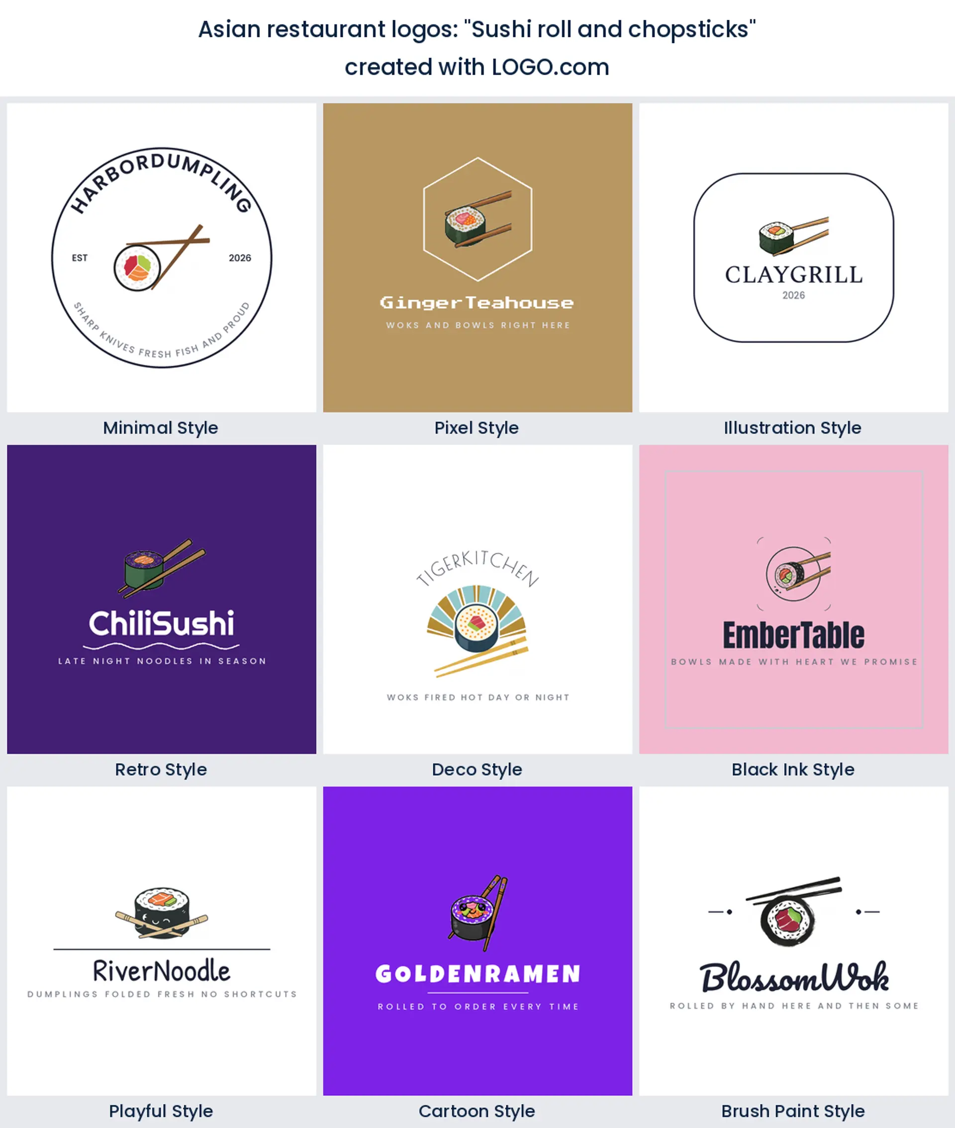 Sushi roll and chopsticks Asian restaurant logo in nine styles.