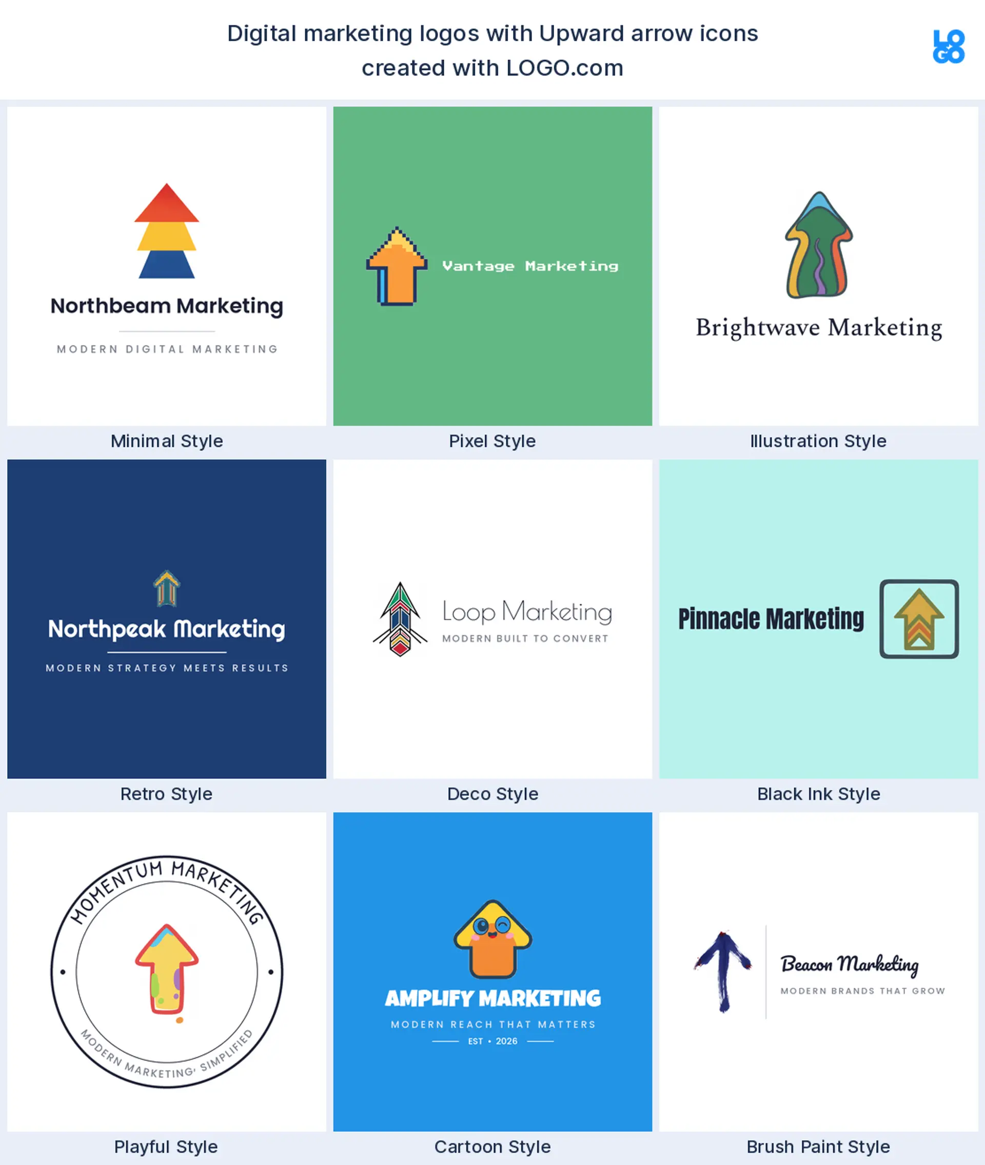 Upward arrow, a popular digital marketing logo symbol, shown across nine styles on LOGO.com
