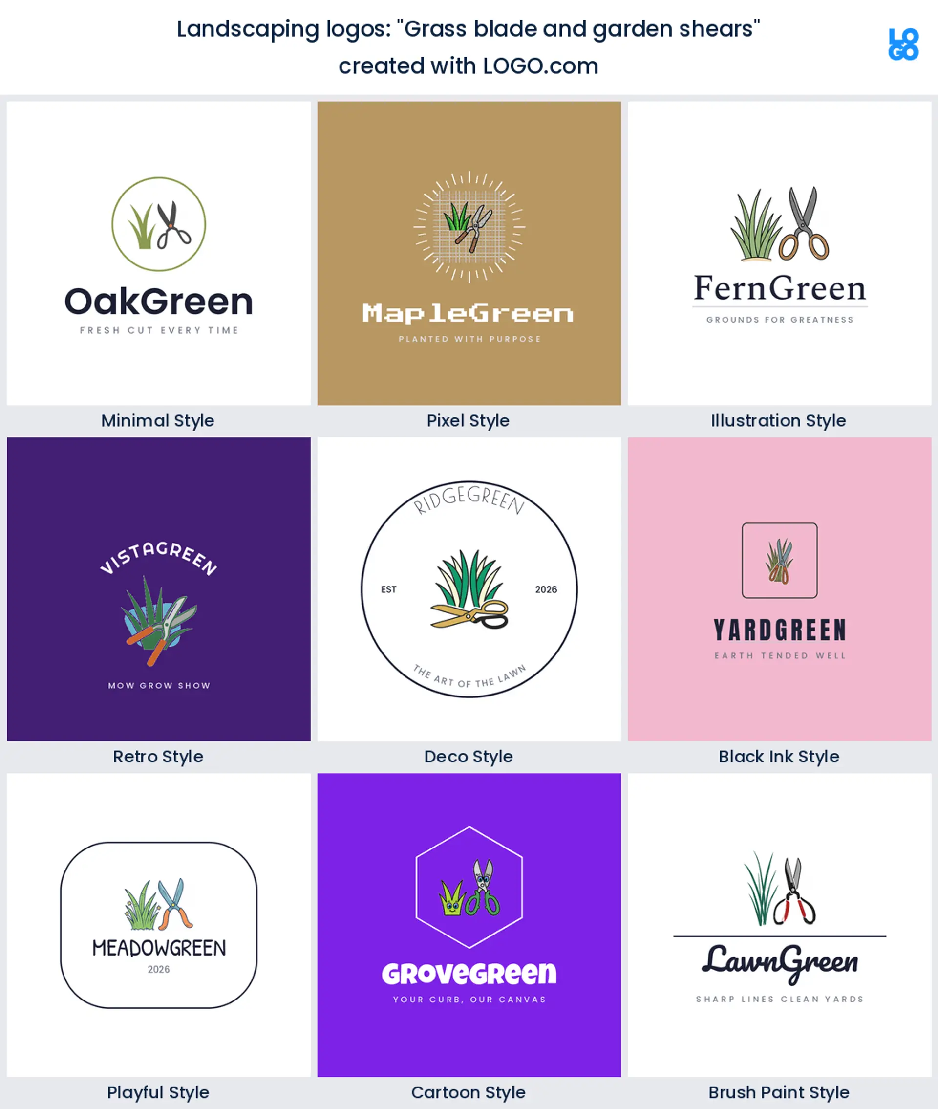 Grass blade and garden shears, a landscaping logo idea shown in nine LOGO.com styles