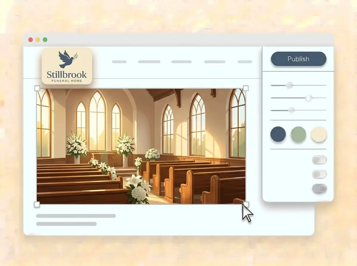 Editing the Stillbrook website with a sunlit chapel photo selected, the style panel open and the slate blue Publish button ready