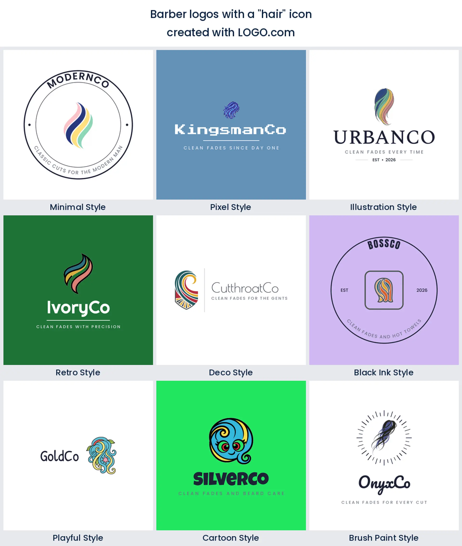 Flowing hair barber logo shown in nine LOGO.com styles.