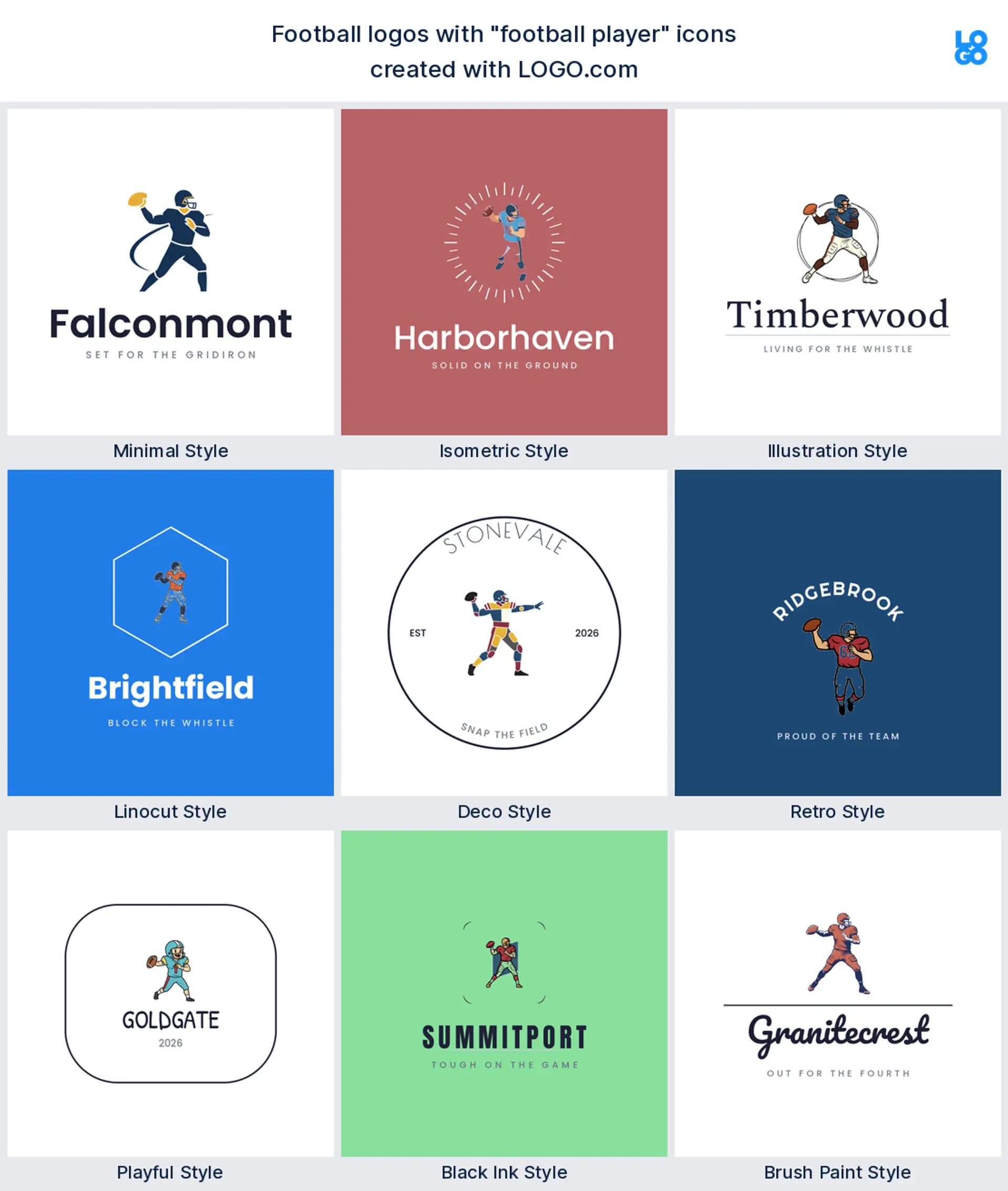 Football player logo shown in nine LOGO.com styles