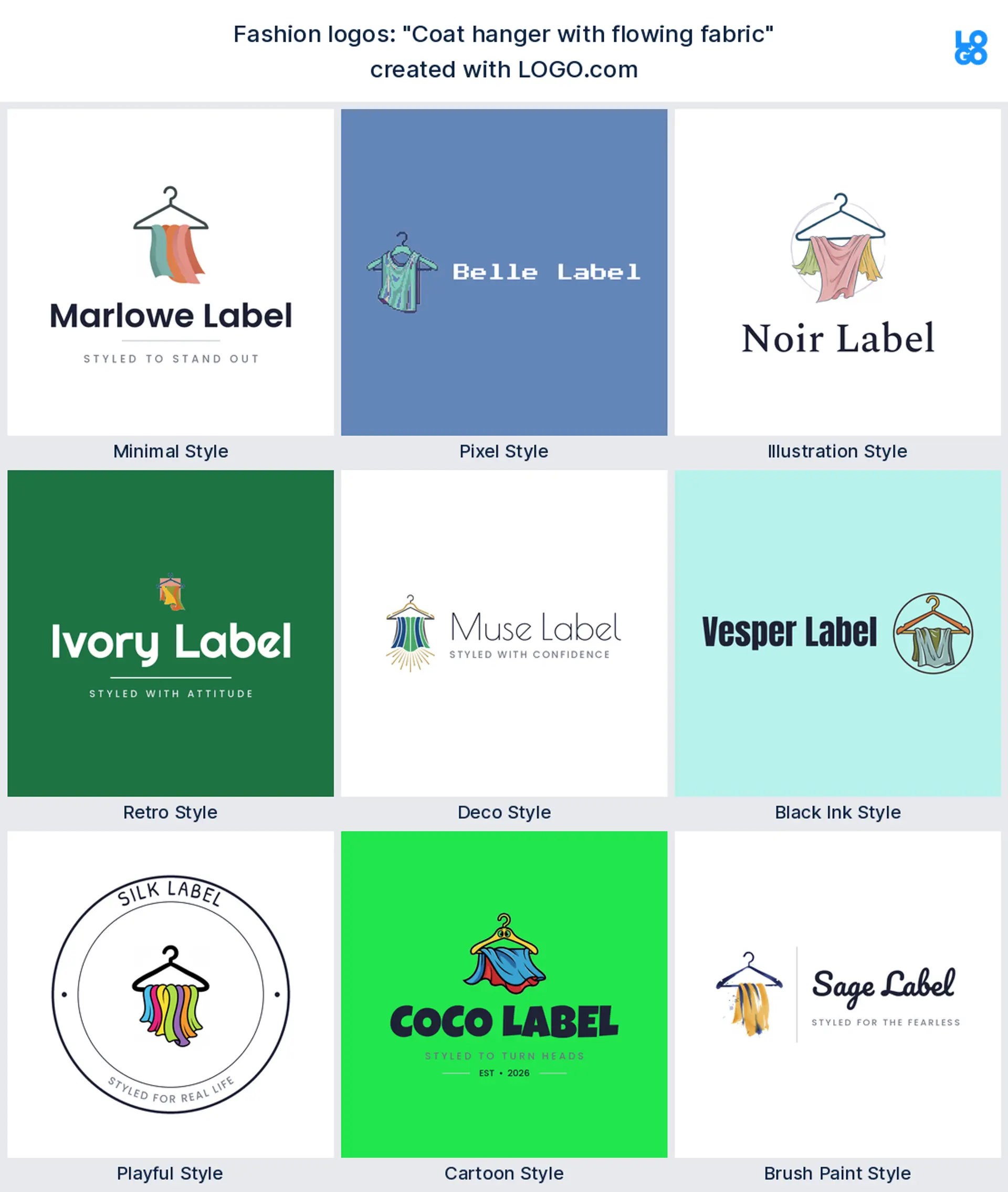 The "Coat hanger with flowing fabric" logo idea shown across nine LOGO.com styles