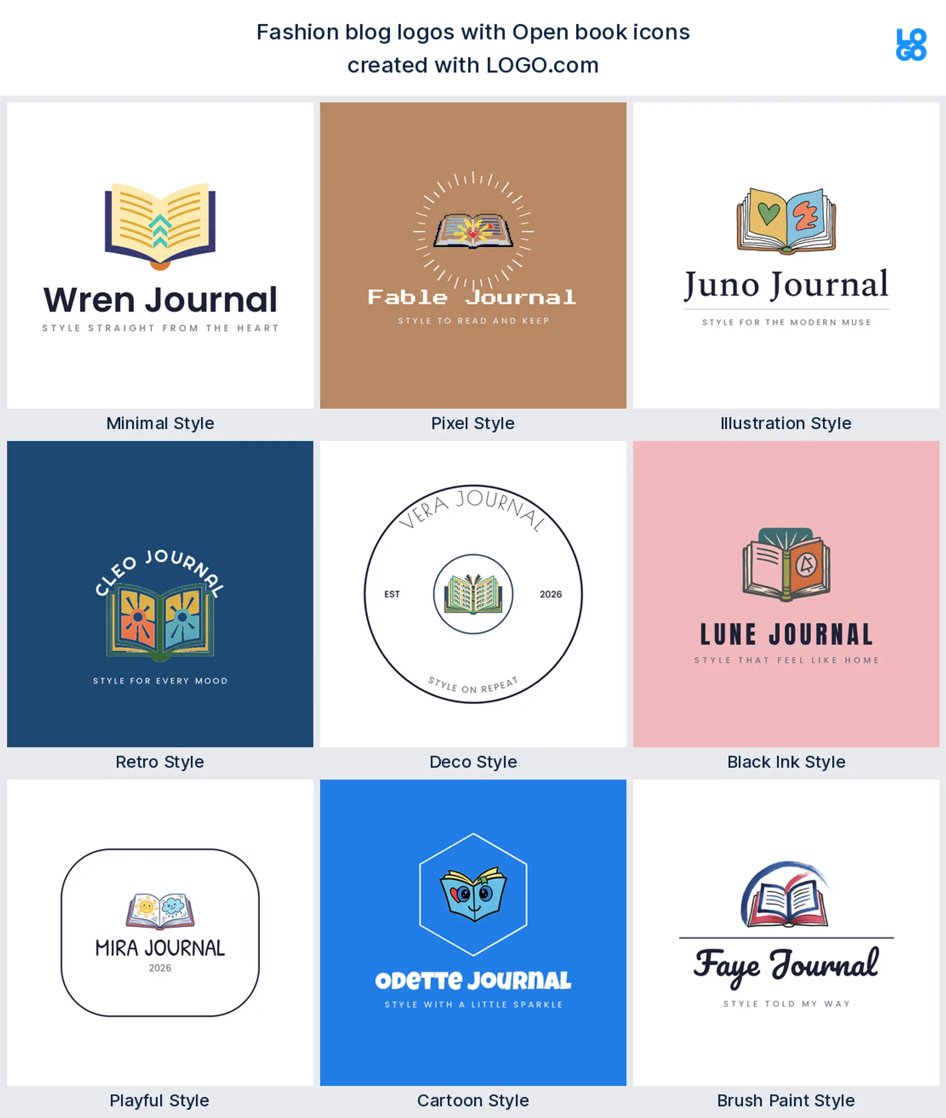 The open book icon shown as a blog logo across nine LOGO.com styles