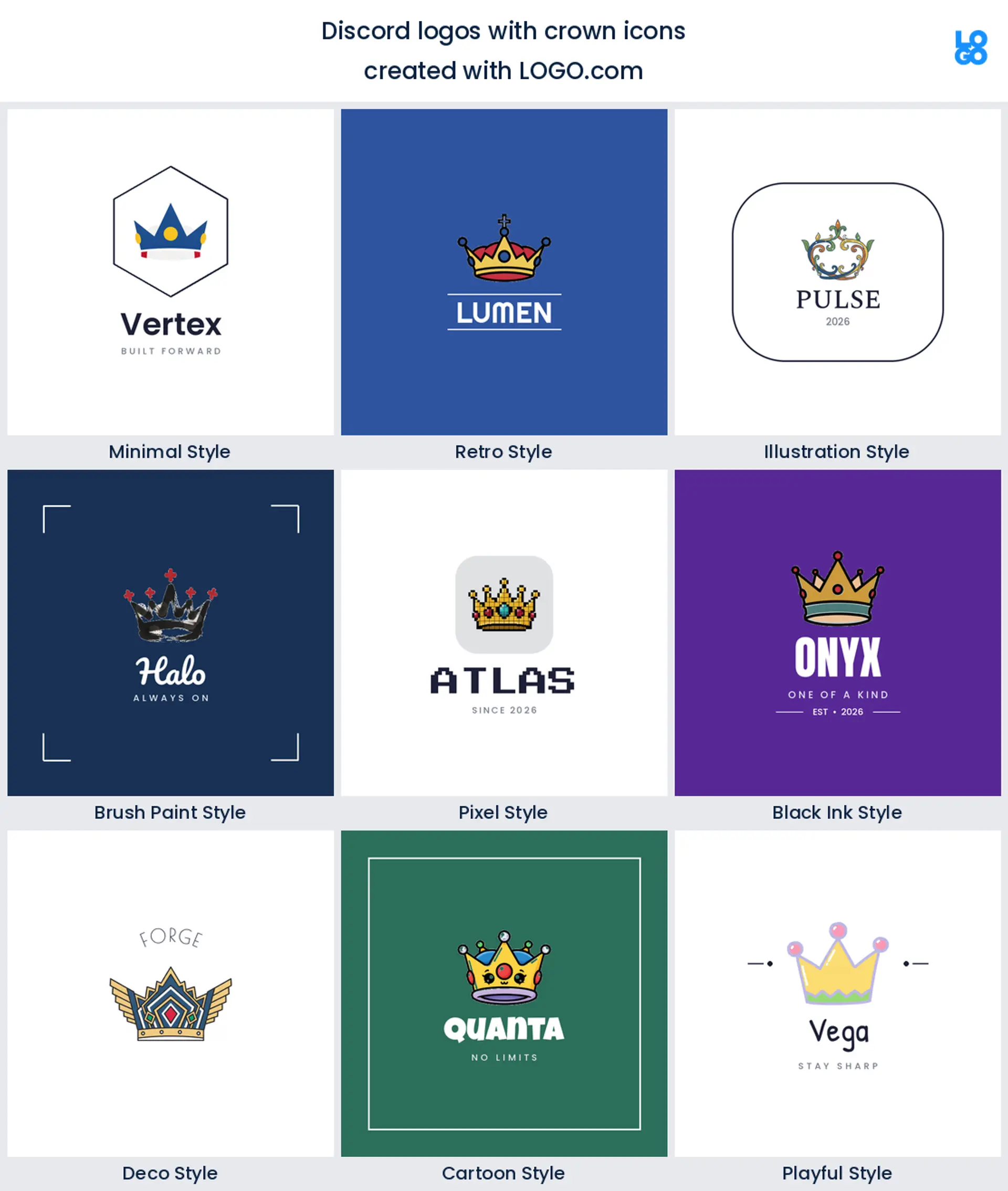 Crown discord server logo shown in nine LOGO.com styles