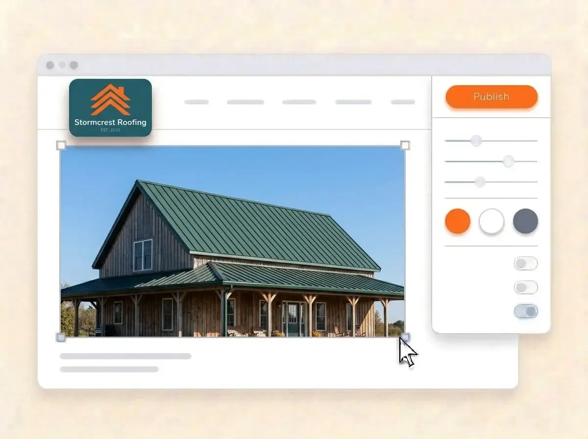 Editing the Stormcrest Roofing website with a photo of a green standing seam metal roof selected, the style panel open and the Publish button ready