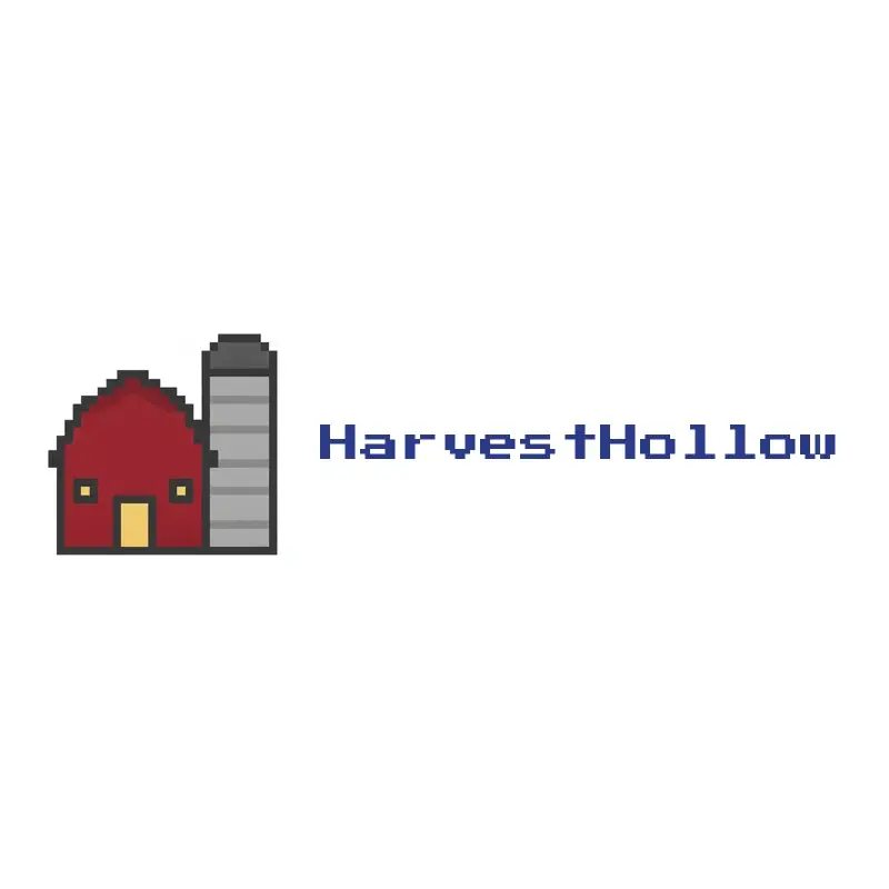 The farm name HarvestHollow as a branded logo in a pixel style