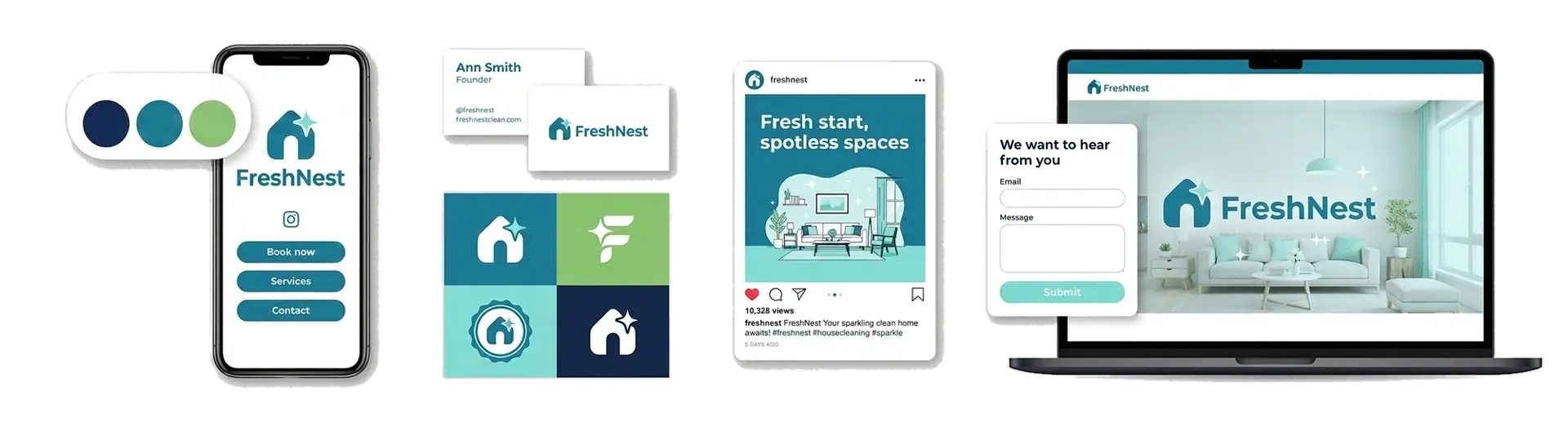 FreshNest cleaning logo brand shown across a phone, business cards, a social post, and a website mockup