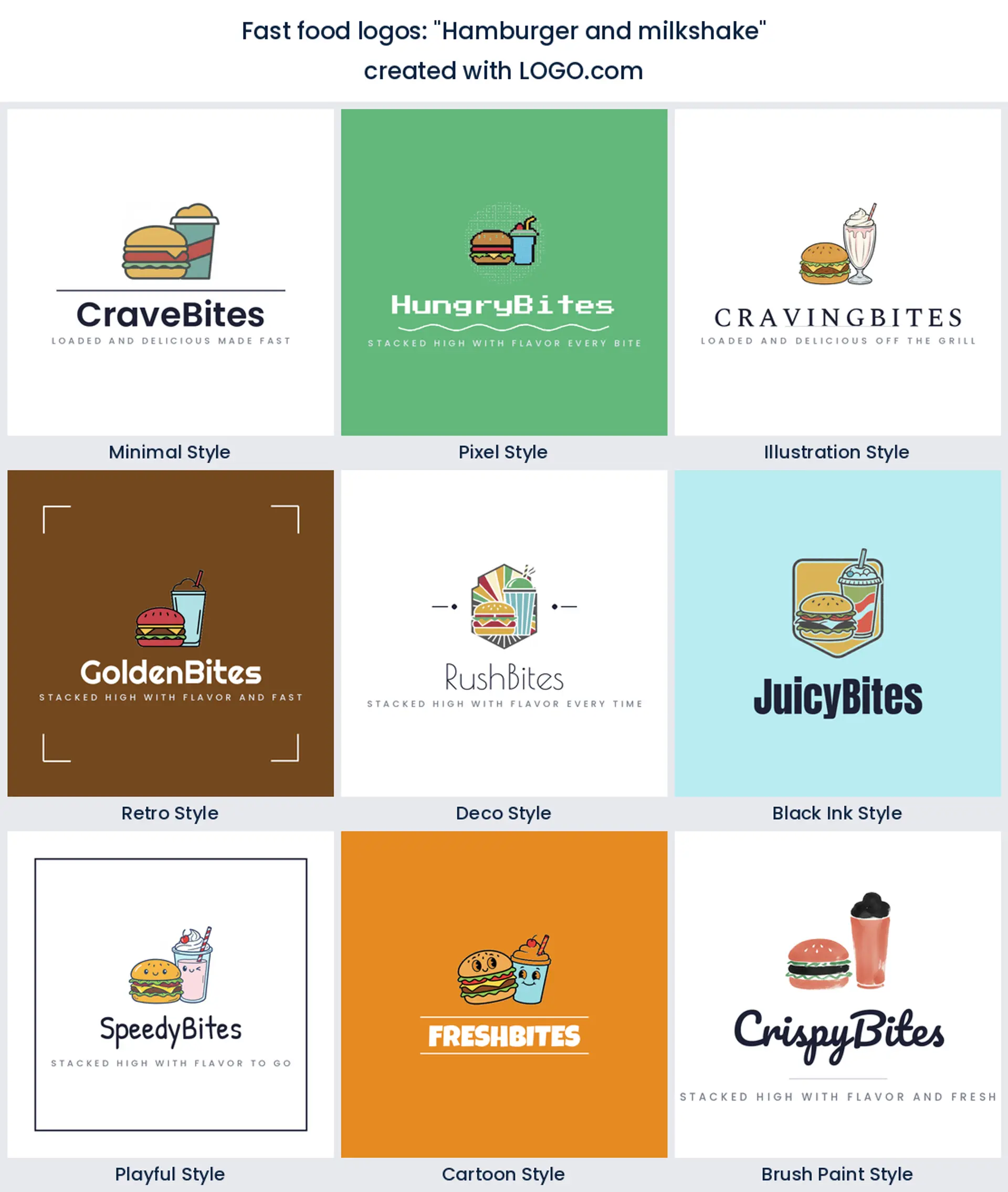 Hamburger and milkshake logo in nine styles.